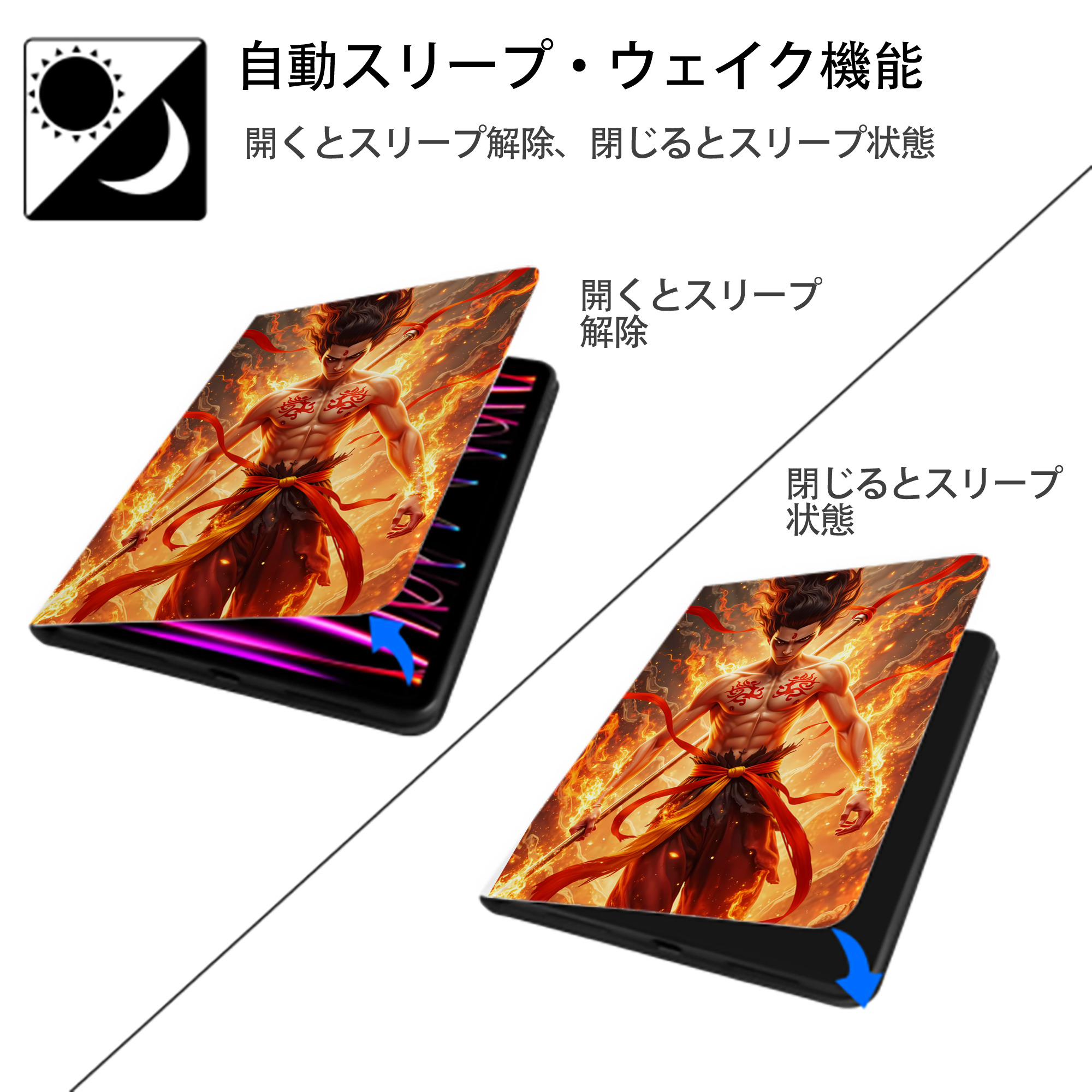 Ne Zha 2 ナタ 魔童の大暴れ IPad ケース ペン収納付き 三つ折りスタンド PUレザー×シリコン 対応機種9.5/10.5/10.9インチ
