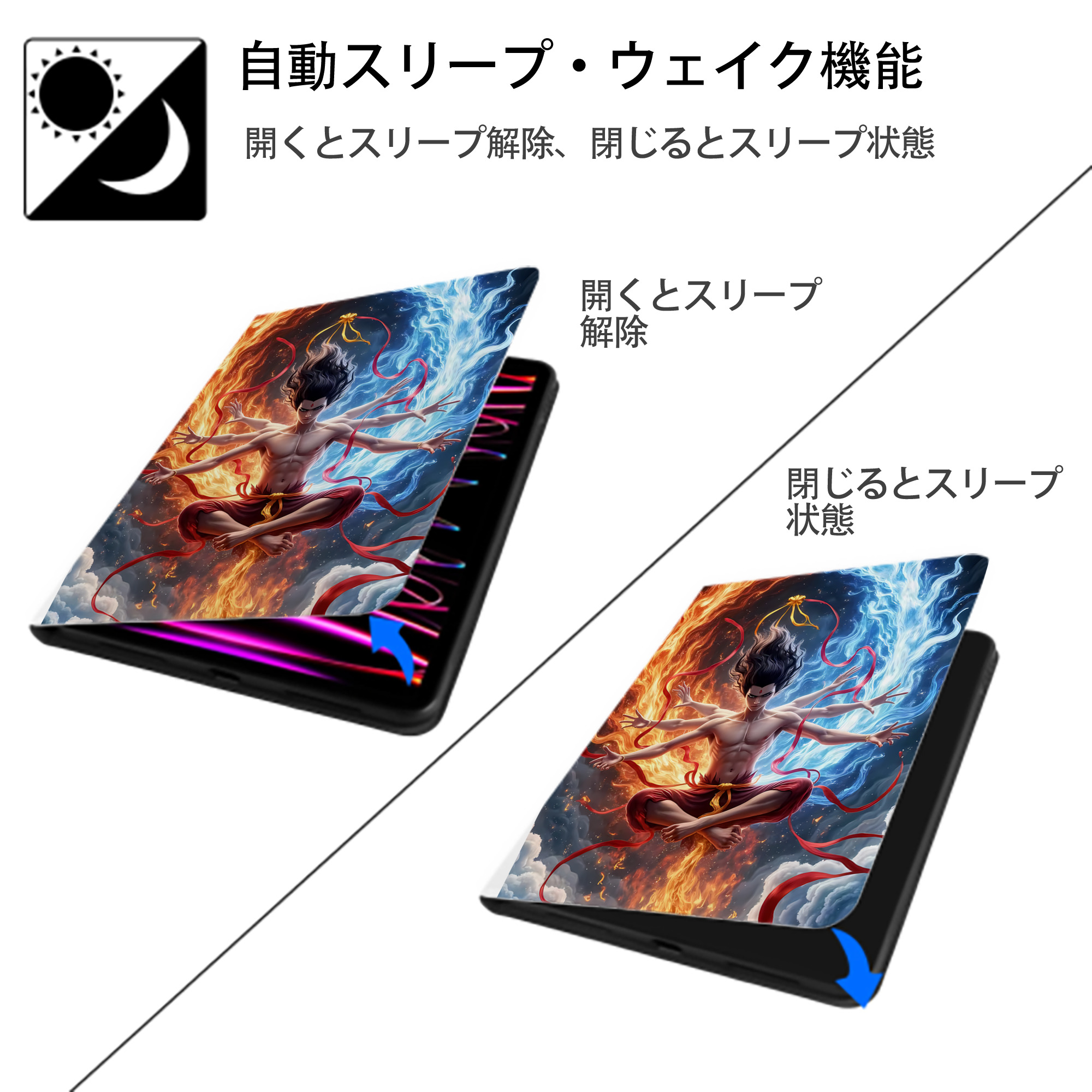 Ne Zha 2 ナタ 魔童の大暴れ IPad ケース ペン収納付き 三つ折りスタンド PUレザー×シリコン 対応機種9.5/10.5/10.9インチ