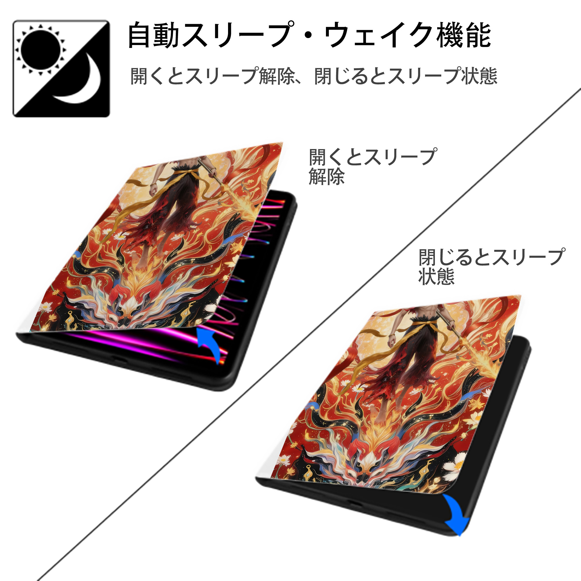 Ne Zha 2 ナタ 魔童の大暴れ IPad ケース ペン収納付き 三つ折りスタンド PUレザー×シリコン 対応機種9.5/10.5/10.9インチ