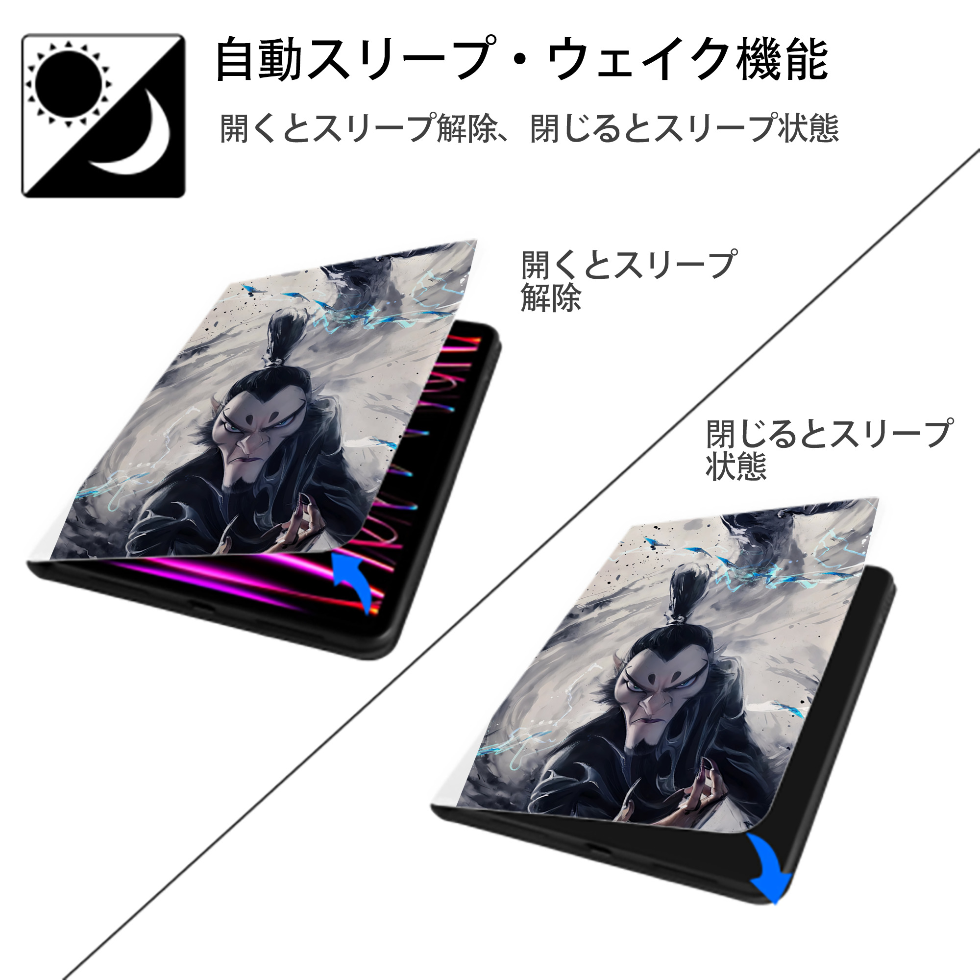 Ne Zha 2 ナタ 魔童の大暴れ IPad ケース ペン収納付き 三つ折りスタンド PUレザー×シリコン 対応機種9.5/10.5/10.9インチ