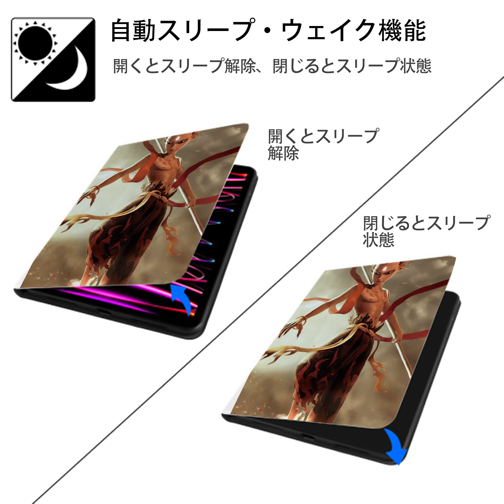 Ne Zha 2 ナタ 魔童の大暴れ IPad ケース ペン収納付き 三つ折りスタンド PUレザー×シリコン 対応機種9.5/10.5/10.9インチ