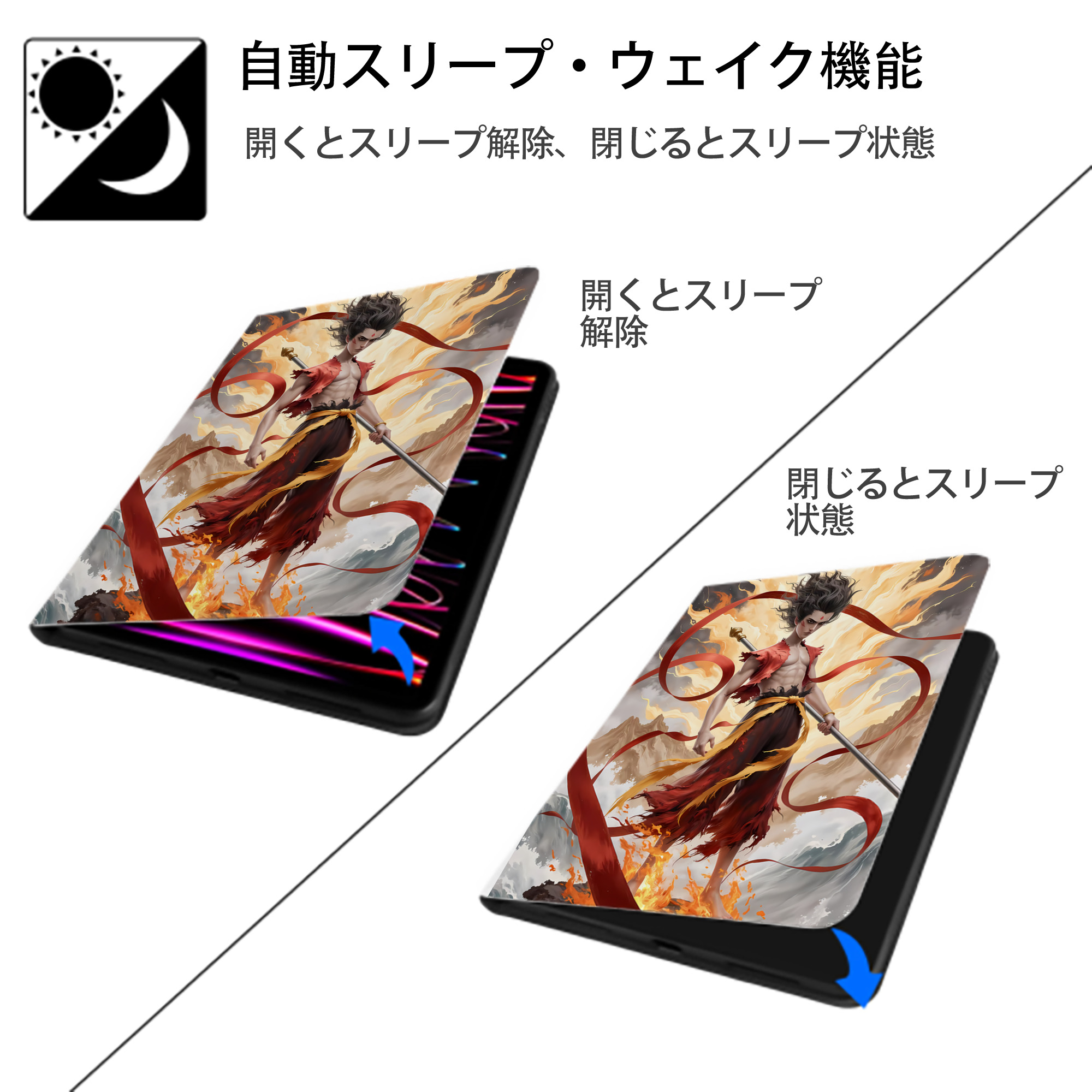 Ne Zha 2 ナタ 魔童の大暴れ IPad ケース ペン収納付き 三つ折りスタンド PUレザー×シリコン 対応機種9.5/10.5/10.9インチ