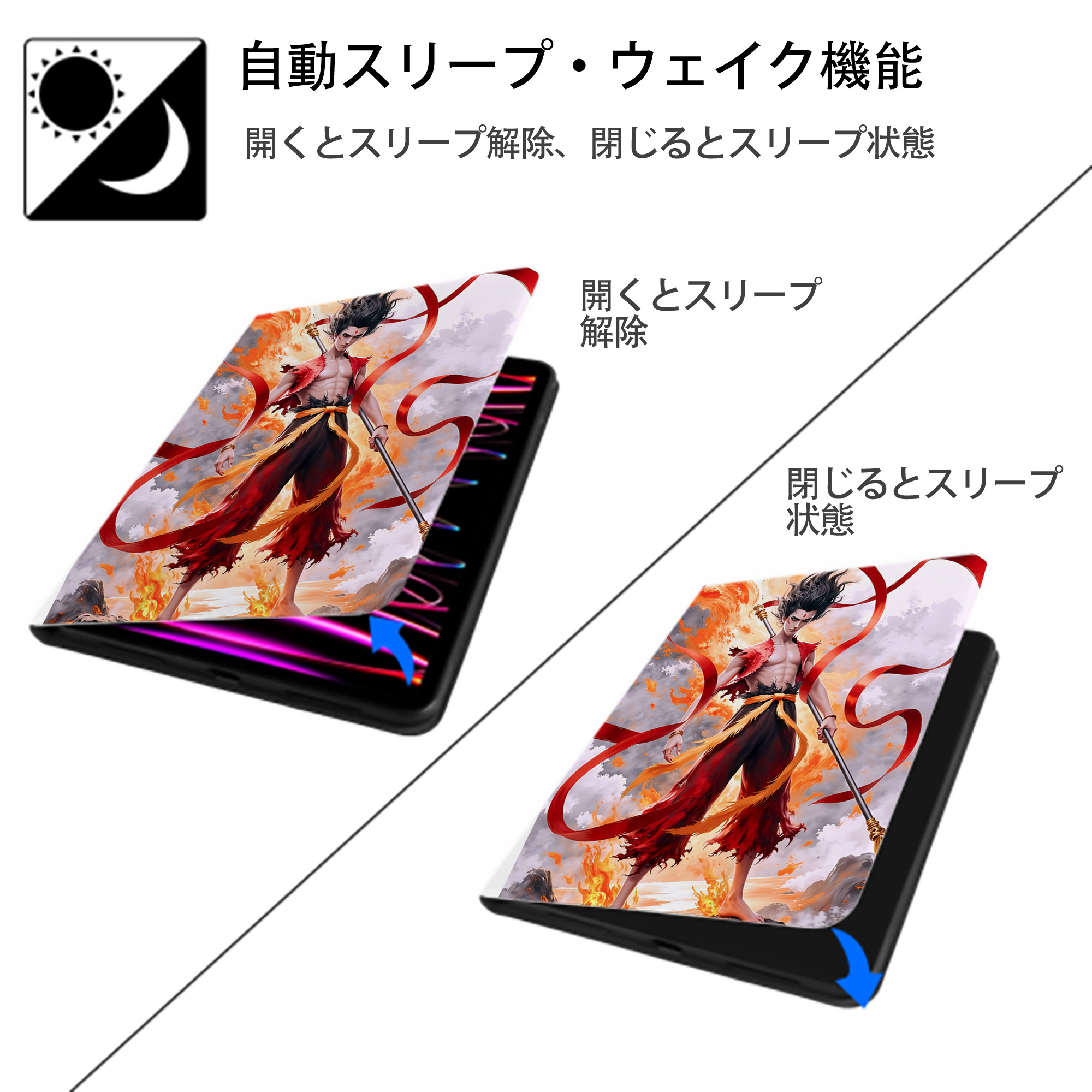 Ne Zha 2 ナタ 魔童の大暴れ IPad ケース ペン収納付き 三つ折りスタンド PUレザー×シリコン 対応機種9.5/10.5/10.9インチ