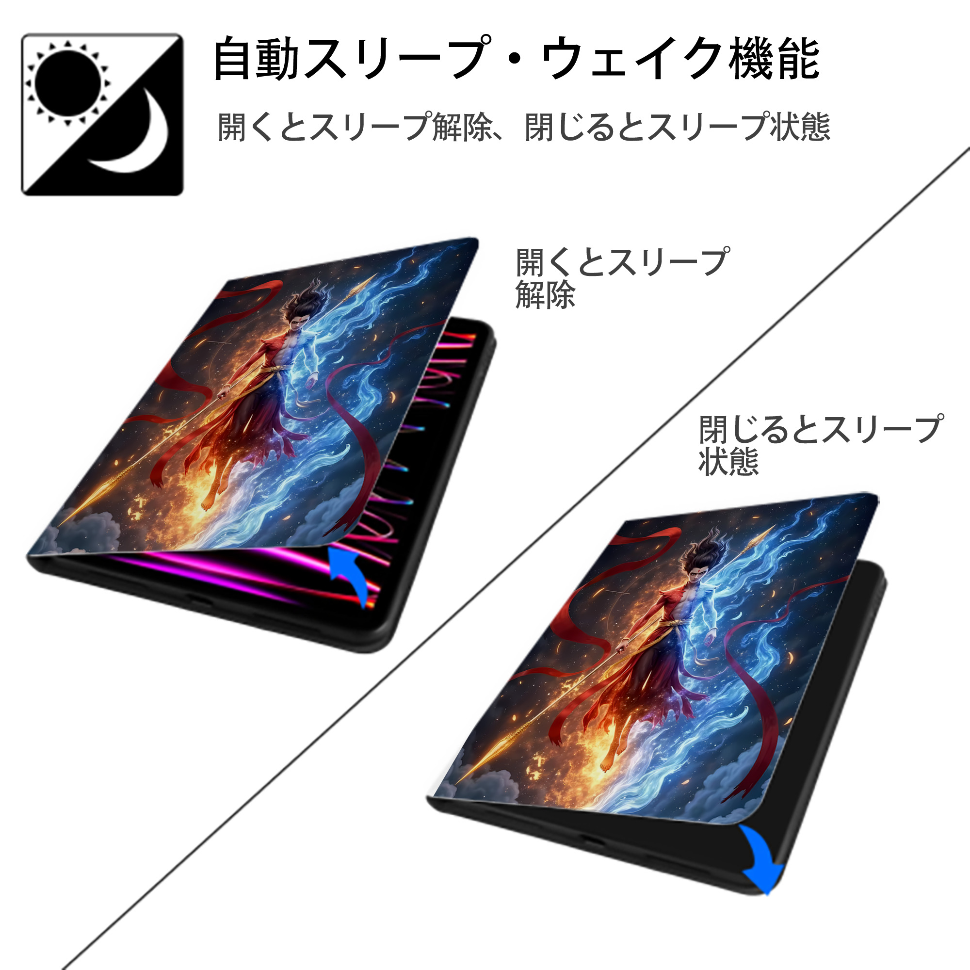 Ne Zha 2 ナタ 魔童の大暴れ IPad ケース ペン収納付き 三つ折りスタンド PUレザー×シリコン 対応機種9.5/10.5/10.9インチ