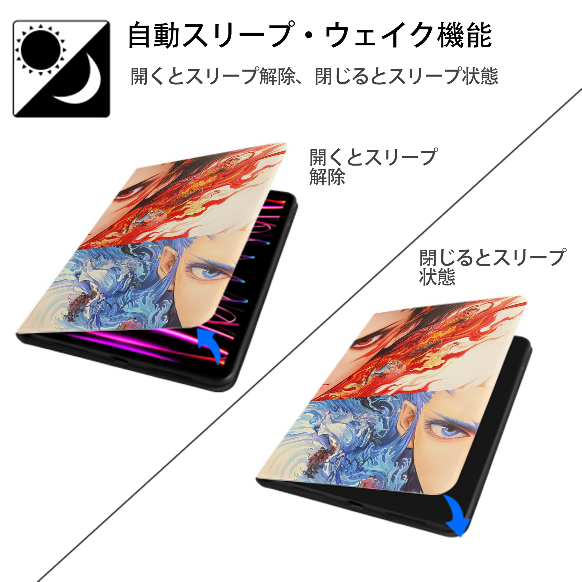 Ne Zha 2 ナタ 魔童の大暴れ IPad ケース ペン収納付き 三つ折りスタンド PUレザー×シリコン 対応機種9.5/10.5/10.9インチ