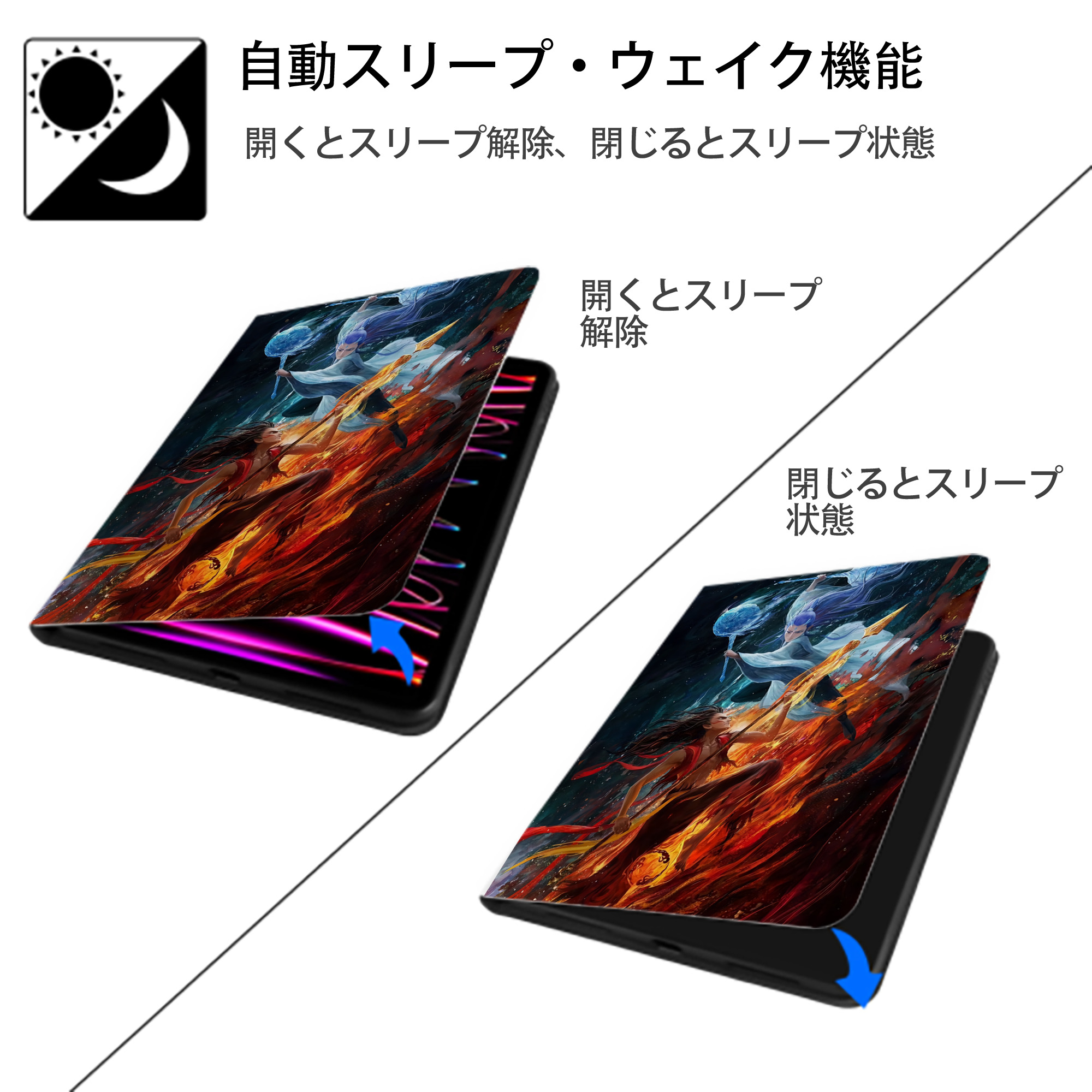 Ne Zha 2 ナタ 魔童の大暴れ IPad ケース ペン収納付き 三つ折りスタンド PUレザー×シリコン 対応機種9.5/10.5/10.9インチ