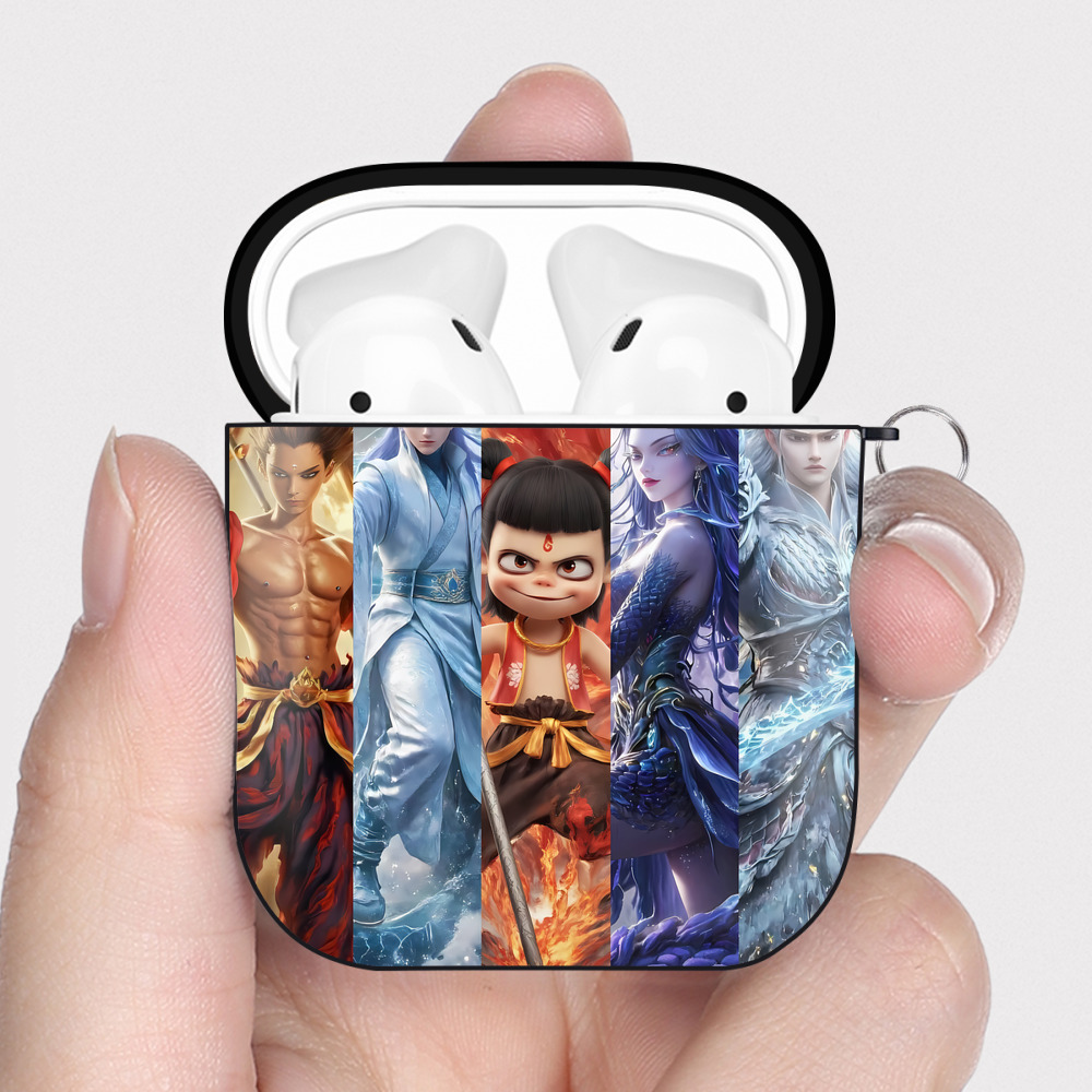 （画像用） Ne Zha 2 ナタ 魔童の大暴れ AirPods 第2世代保護ケース ハードシェル ブラック 耐衝撃・防指紋・カラビナ付き