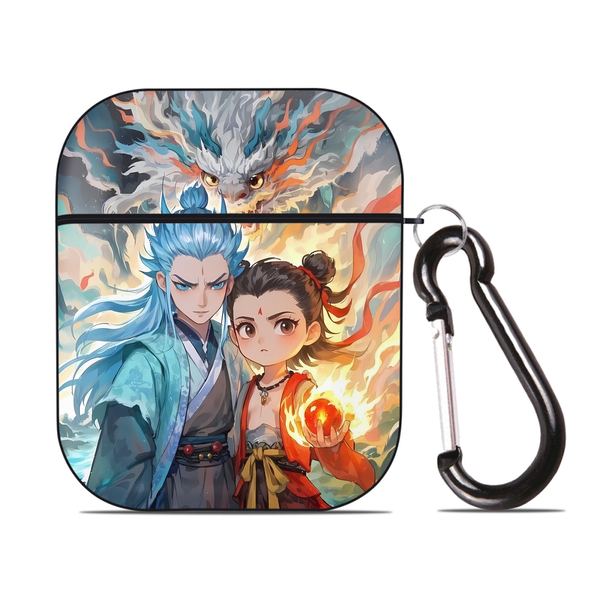 （画像用） Ne Zha 2 ナタ 魔童の大暴れ AirPods 第2世代保護ケース ハードシェル ブラック 耐衝撃・防指紋・カラビナ付き