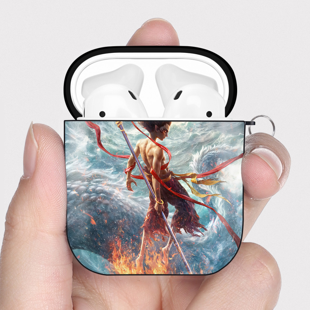 （画像用） Ne Zha 2 ナタ 魔童の大暴れ AirPods 第2世代保護ケース ハードシェル ブラック 耐衝撃・防指紋・カラビナ付き