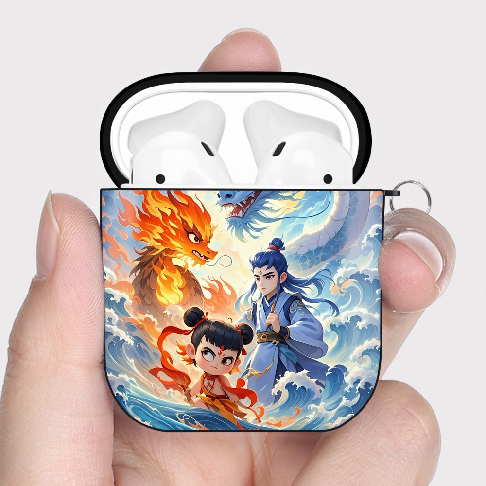 （画像用） Ne Zha 2 ナタ 魔童の大暴れ AirPods 第2世代保護ケース ハードシェル ブラック 耐衝撃・防指紋・カラビナ付き