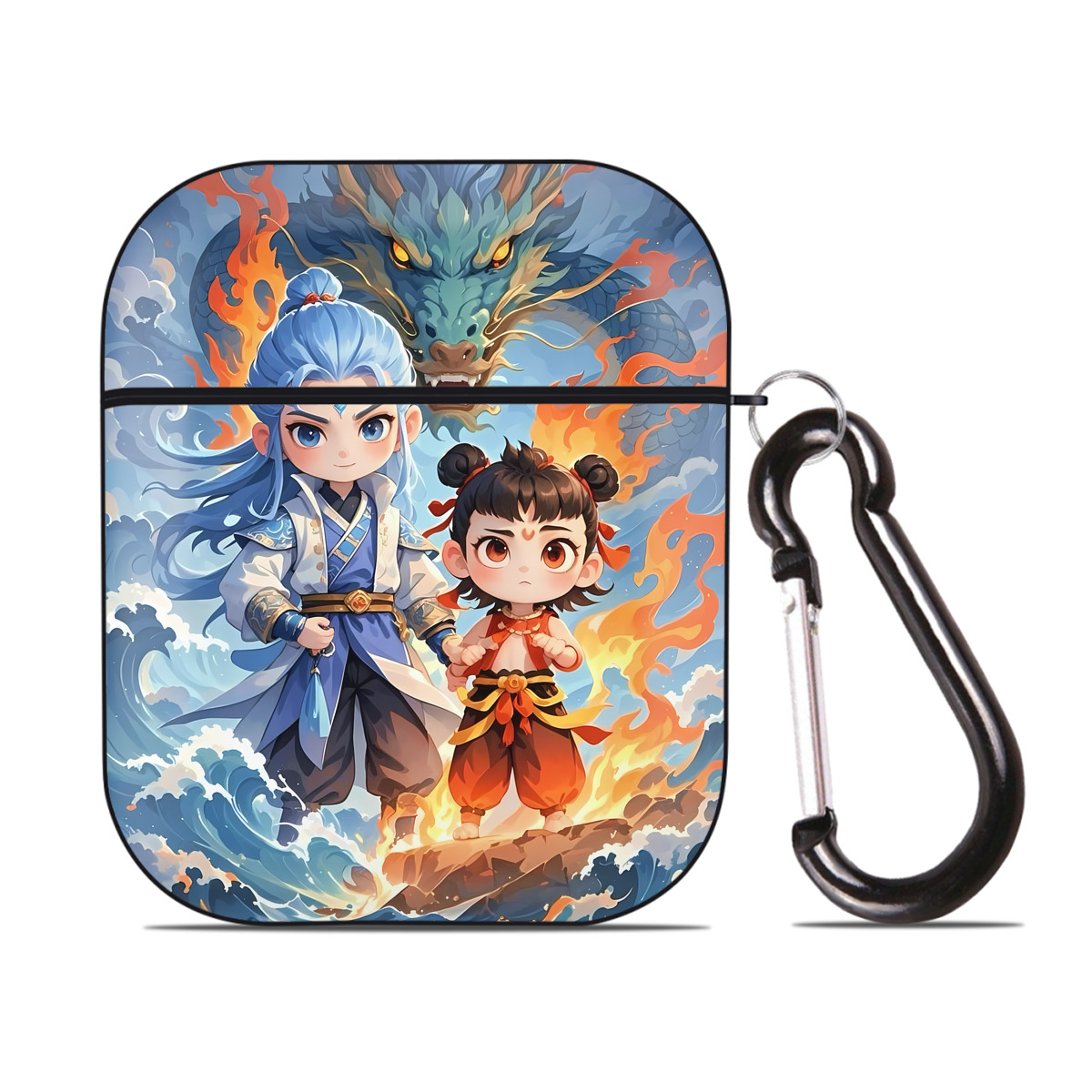 （画像用） Ne Zha 2 ナタ 魔童の大暴れ AirPods 第2世代保護ケース ハードシェル ブラック 耐衝撃・防指紋・カラビナ付き