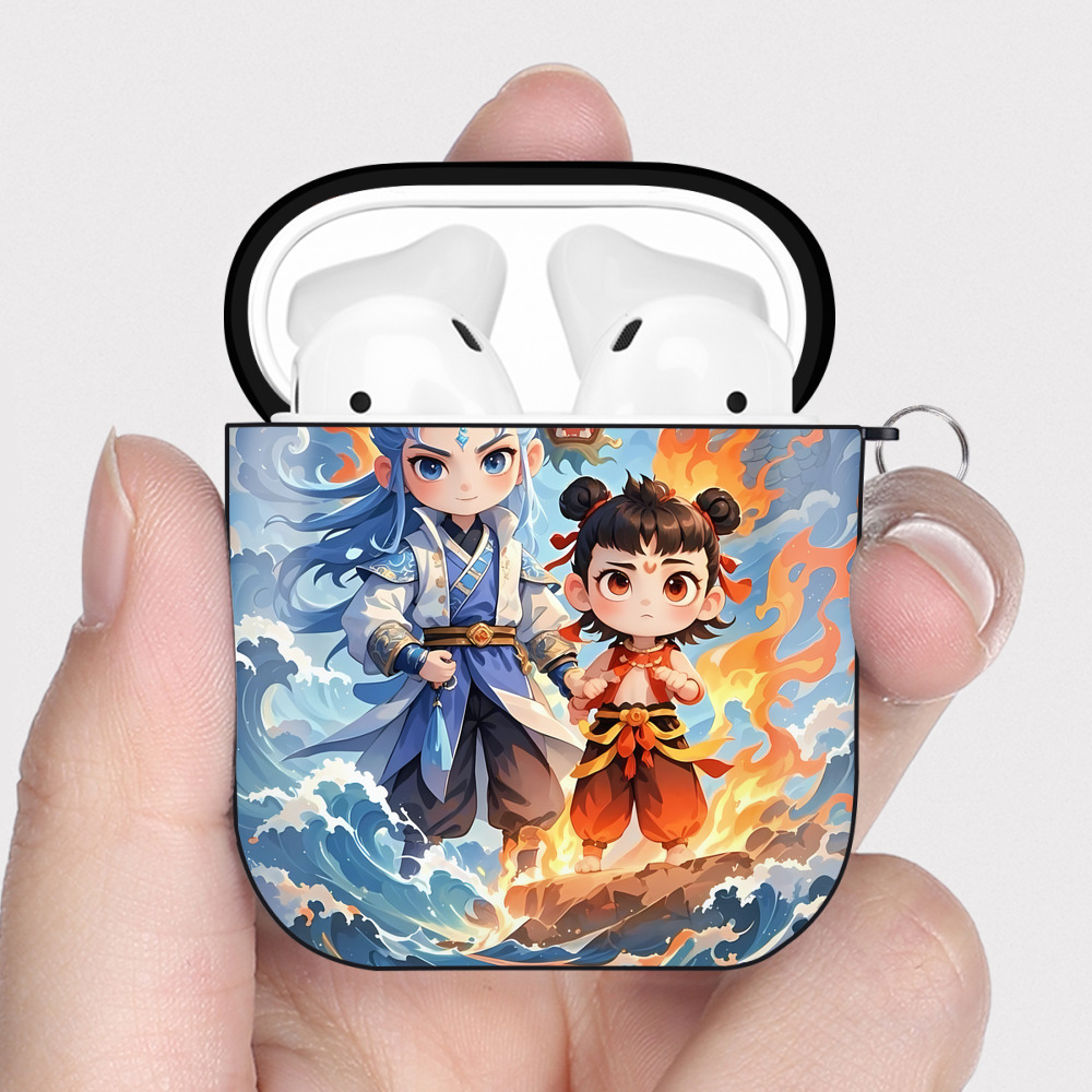 （画像用） Ne Zha 2 ナタ 魔童の大暴れ AirPods 第2世代保護ケース ハードシェル ブラック 耐衝撃・防指紋・カラビナ付き