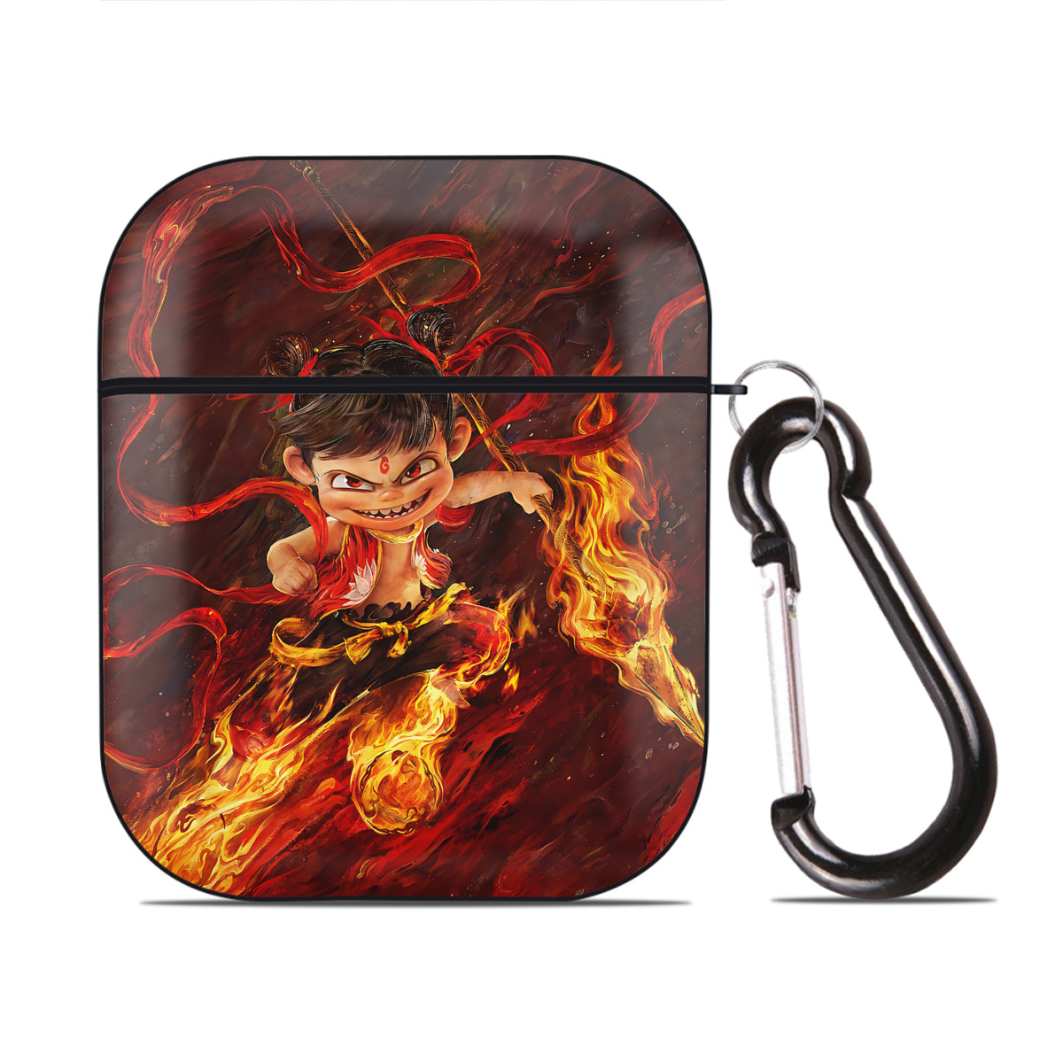 （画像用） Ne Zha 2 ナタ 魔童の大暴れ AirPods 第2世代保護ケース ハードシェル ブラック 耐衝撃・防指紋・カラビナ付き