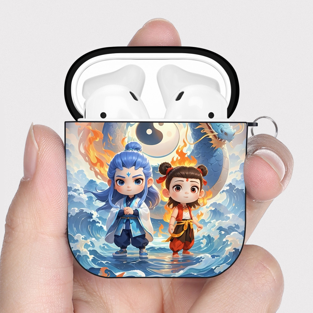 （画像用） Ne Zha 2 ナタ 魔童の大暴れ AirPods 第2世代保護ケース ハードシェル ブラック 耐衝撃・防指紋・カラビナ付き