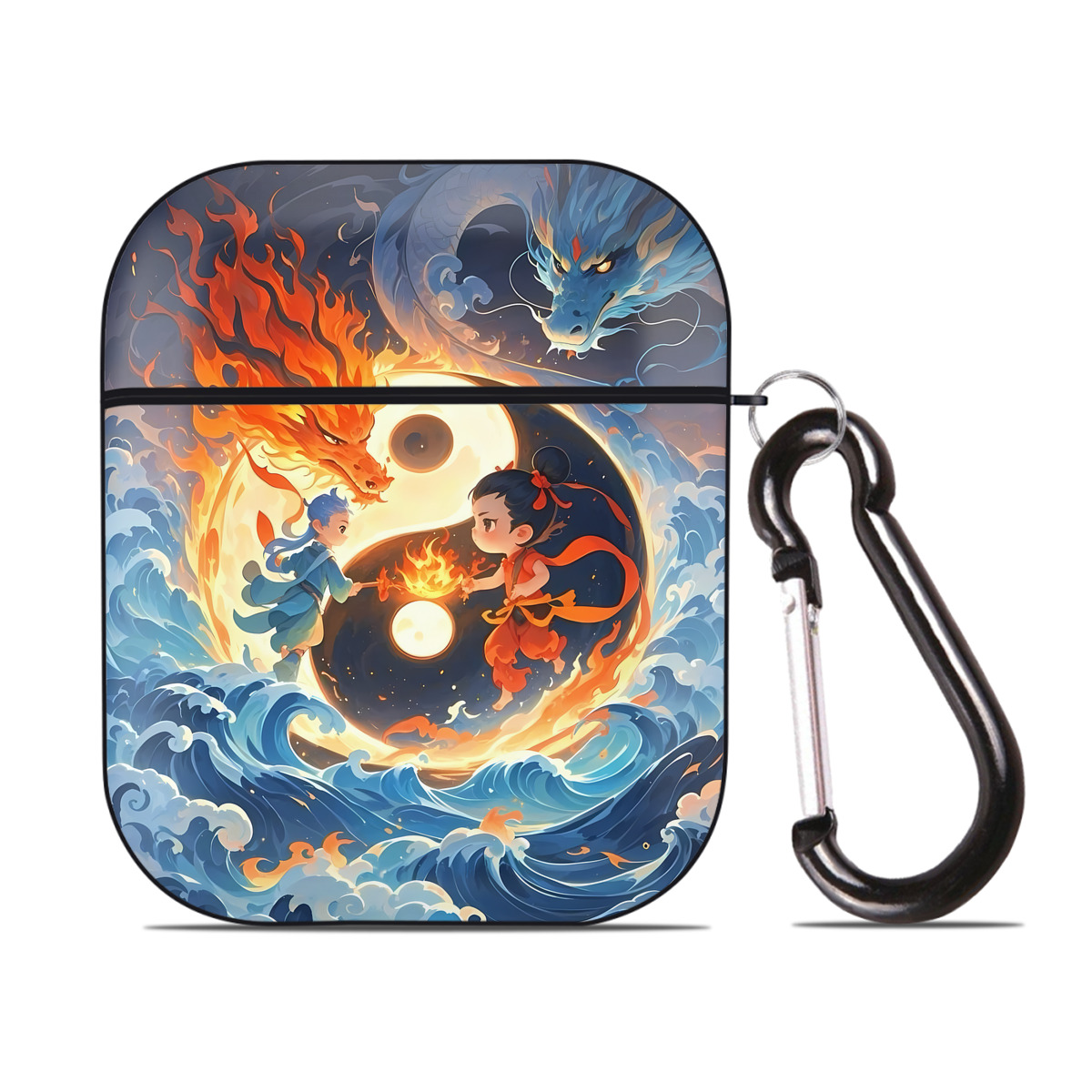 （画像用） Ne Zha 2 ナタ 魔童の大暴れ AirPods 第2世代保護ケース ハードシェル ブラック 耐衝撃・防指紋・カラビナ付き