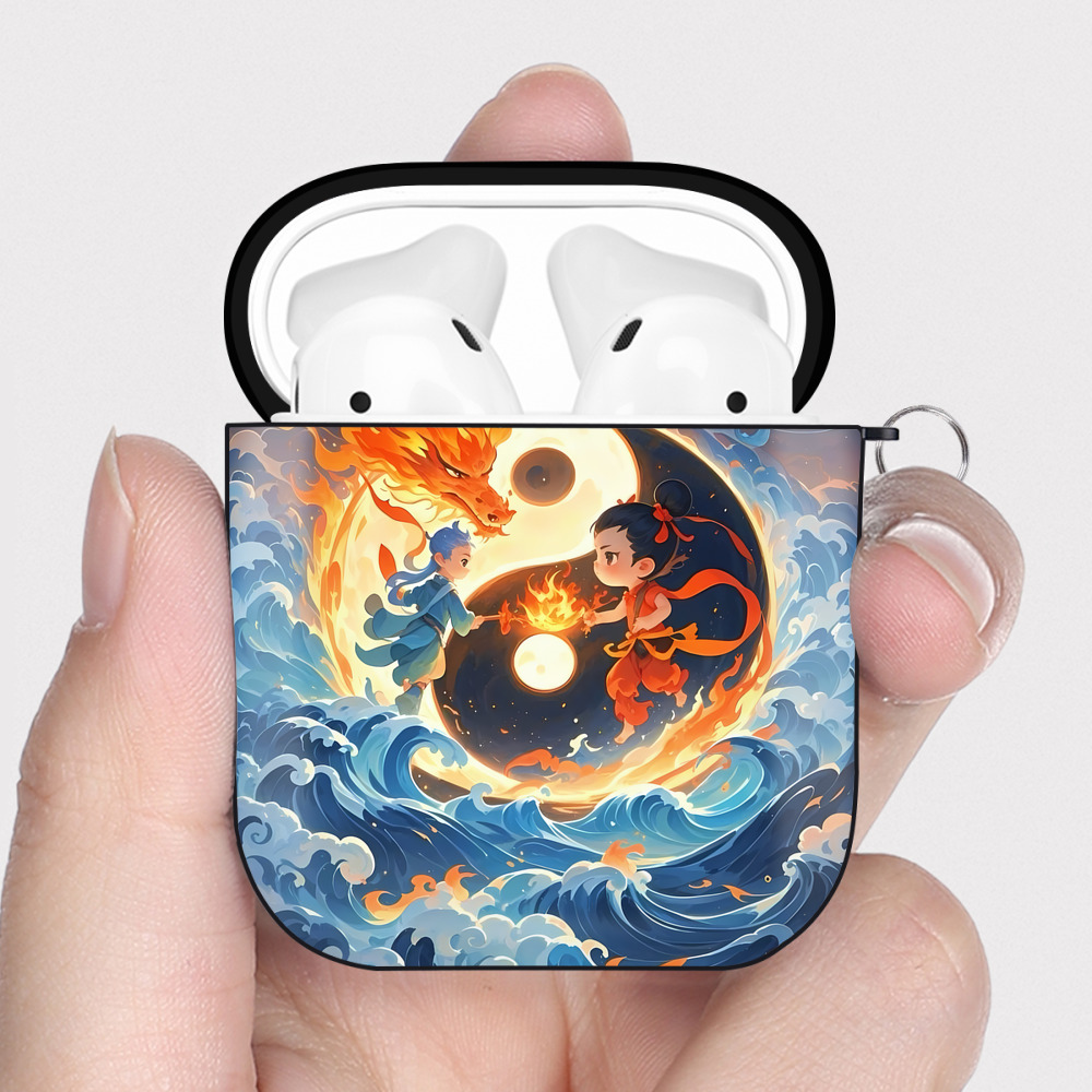 （画像用） Ne Zha 2 ナタ 魔童の大暴れ AirPods 第2世代保護ケース ハードシェル ブラック 耐衝撃・防指紋・カラビナ付き