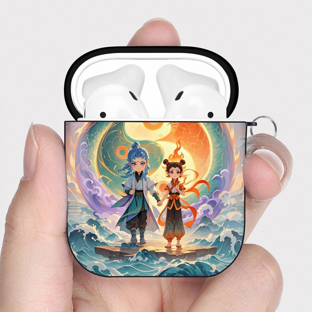 （画像用） Ne Zha 2 ナタ 魔童の大暴れ AirPods 第2世代保護ケース ハードシェル ブラック 耐衝撃・防指紋・カラビナ付き
