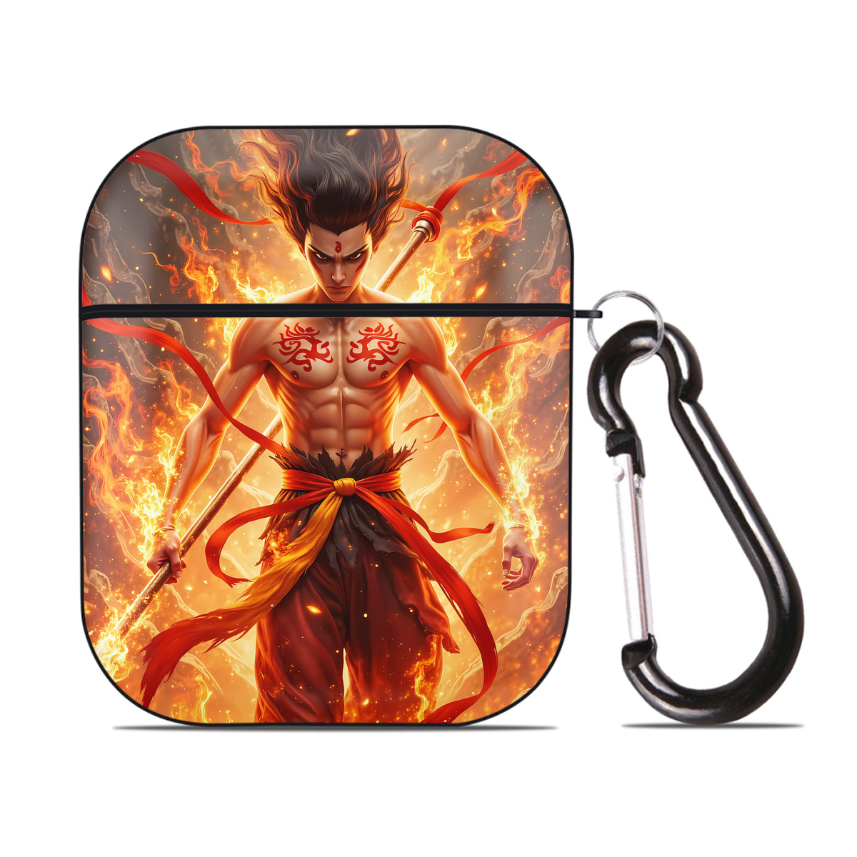 （画像用） Ne Zha 2 ナタ 魔童の大暴れ AirPods 第2世代保護ケース ハードシェル ブラック 耐衝撃・防指紋・カラビナ付き