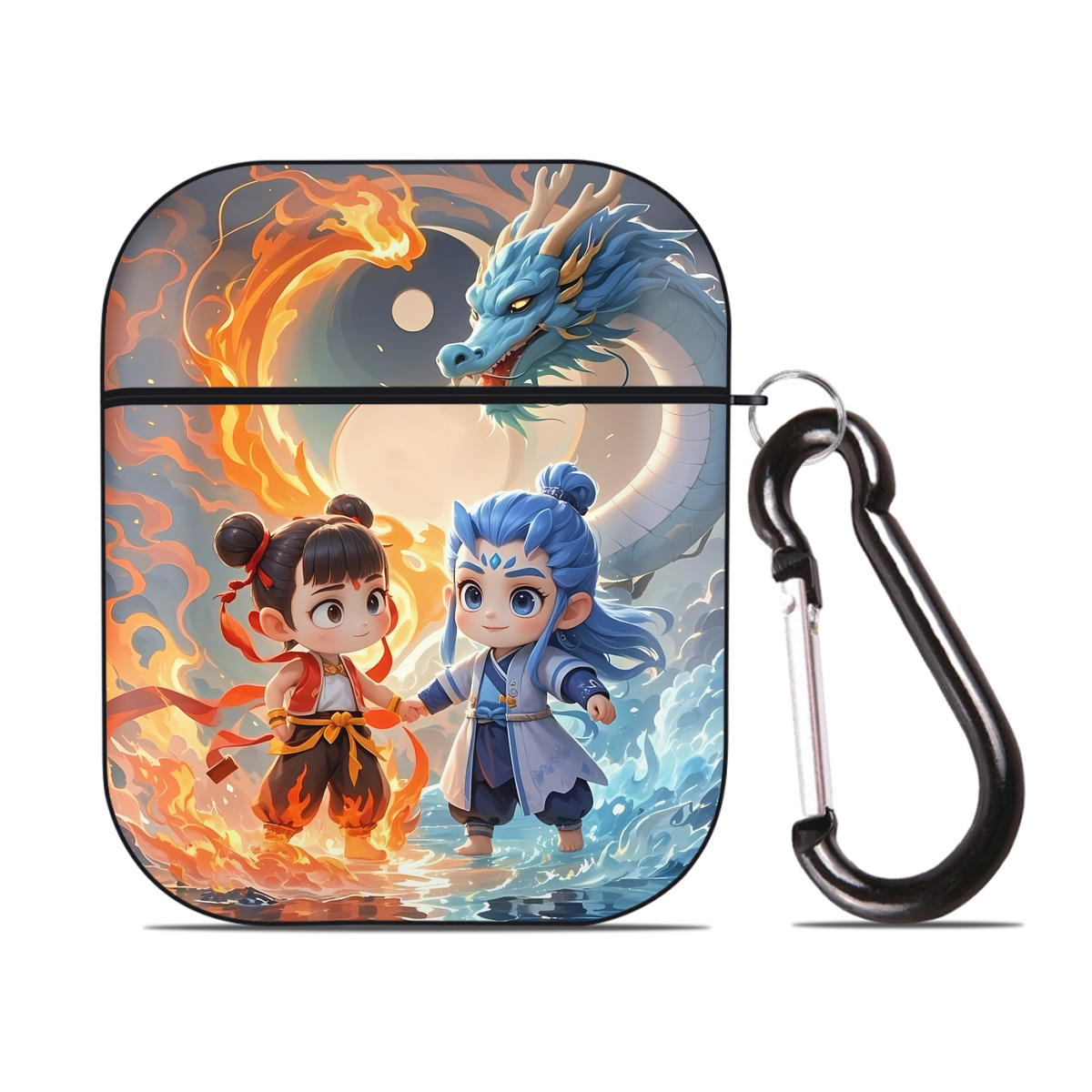 （画像用） Ne Zha 2 ナタ 魔童の大暴れ AirPods 第2世代保護ケース ハードシェル ブラック 耐衝撃・防指紋・カラビナ付き