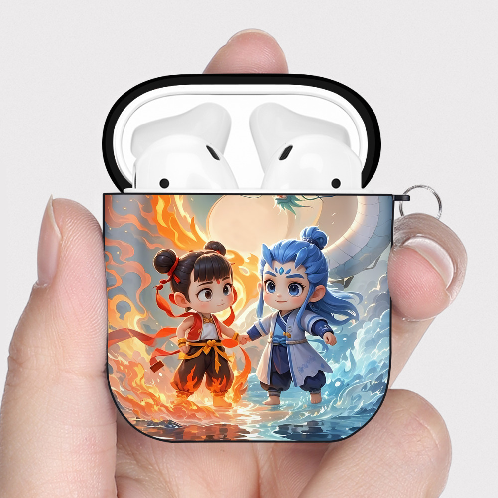 （画像用） Ne Zha 2 ナタ 魔童の大暴れ AirPods 第2世代保護ケース ハードシェル ブラック 耐衝撃・防指紋・カラビナ付き