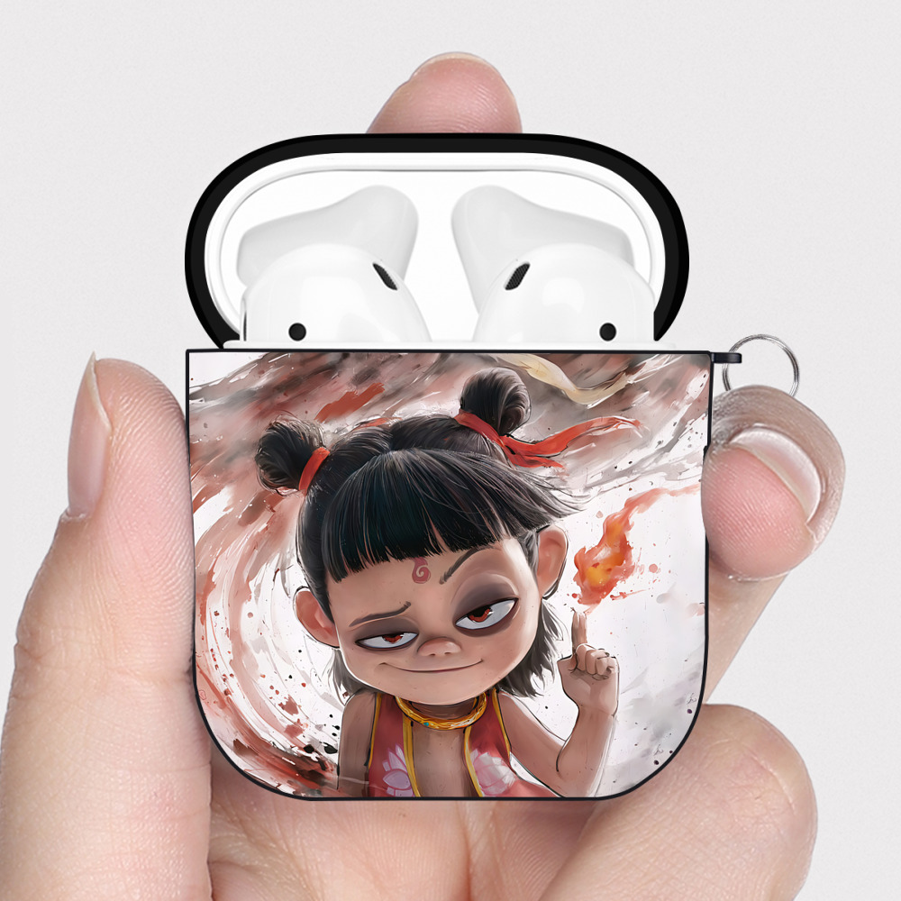 （画像用） Ne Zha 2 ナタ 魔童の大暴れ AirPods 第2世代保護ケース ハードシェル ブラック 耐衝撃・防指紋・カラビナ付き