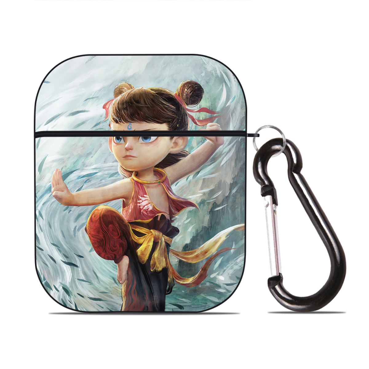 （画像用） Ne Zha 2 ナタ 魔童の大暴れ AirPods 第2世代保護ケース ハードシェル ブラック 耐衝撃・防指紋・カラビナ付き
