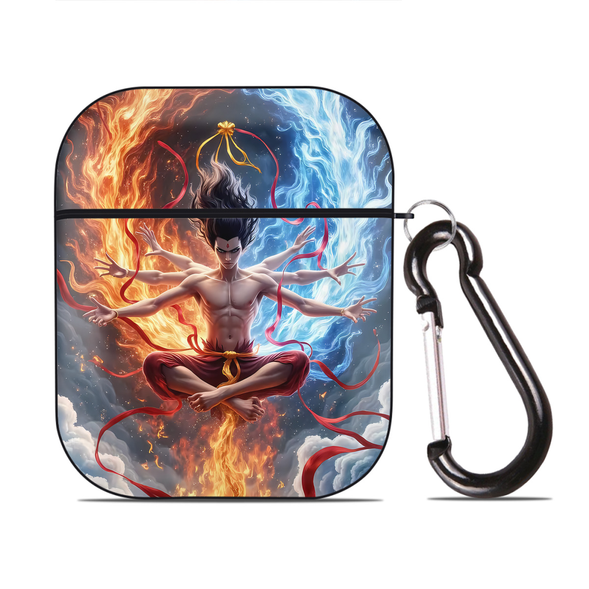 （画像用） Ne Zha 2 ナタ 魔童の大暴れ AirPods 第2世代保護ケース ハードシェル ブラック 耐衝撃・防指紋・カラビナ付き