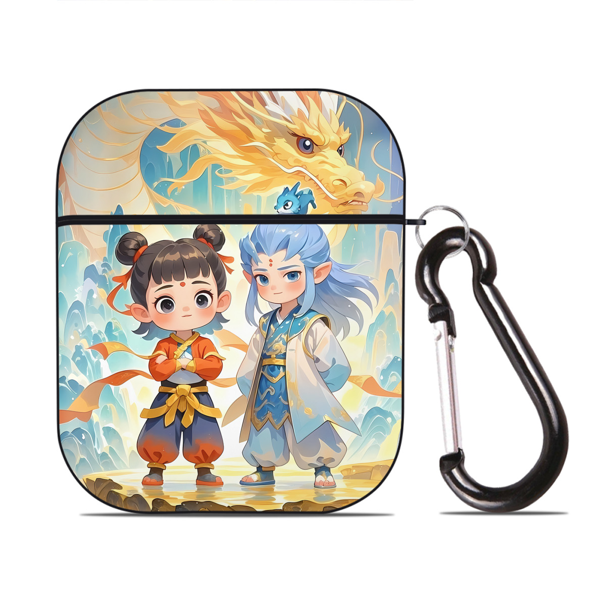 （画像用） Ne Zha 2 ナタ 魔童の大暴れ AirPods 第2世代保護ケース ハードシェル ブラック 耐衝撃・防指紋・カラビナ付き