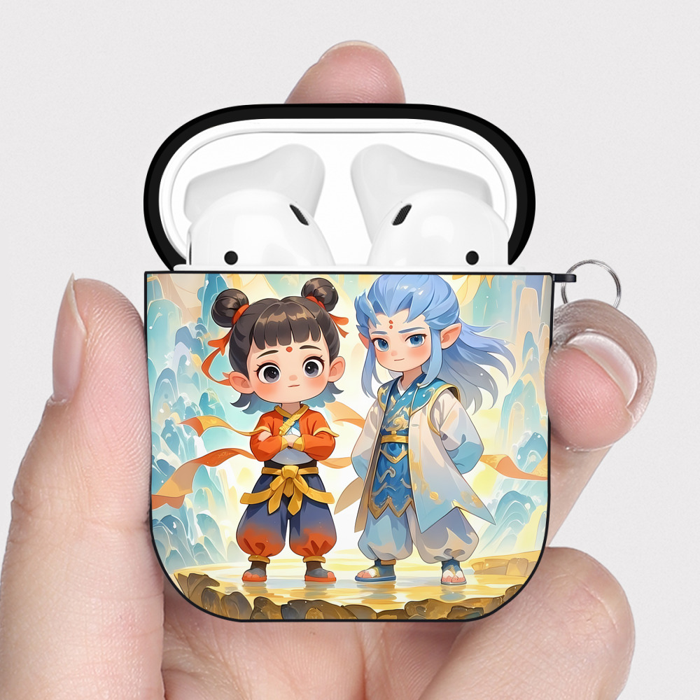 （画像用） Ne Zha 2 ナタ 魔童の大暴れ AirPods 第2世代保護ケース ハードシェル ブラック 耐衝撃・防指紋・カラビナ付き