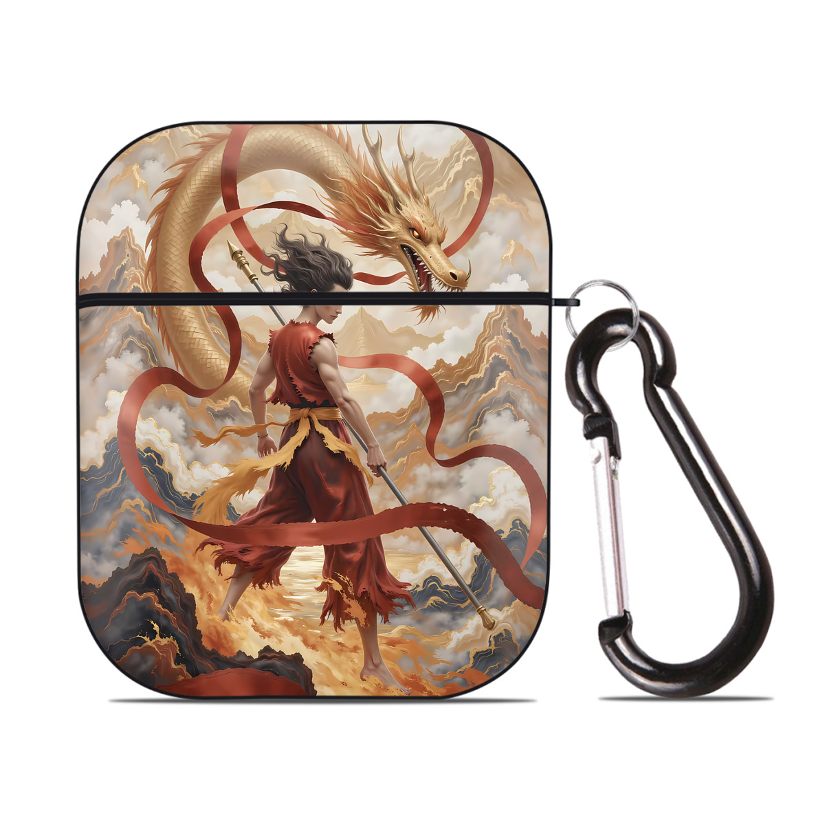 （画像用） Ne Zha 2 ナタ 魔童の大暴れ AirPods 第2世代保護ケース ハードシェル ブラック 耐衝撃・防指紋・カラビナ付き