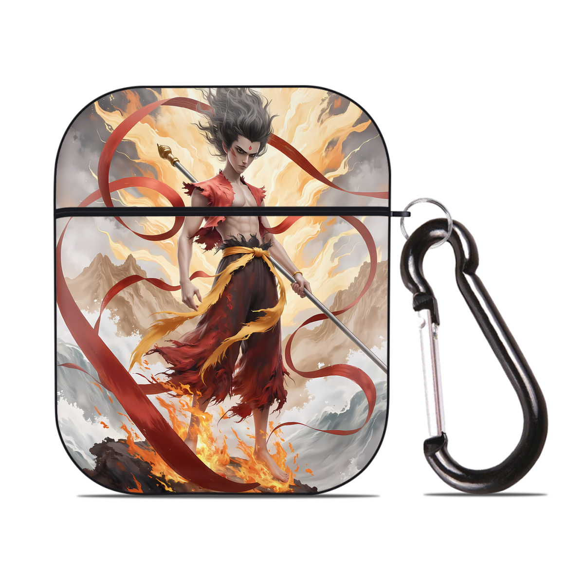 （画像用） Ne Zha 2 ナタ 魔童の大暴れ AirPods 第2世代保護ケース ハードシェル ブラック 耐衝撃・防指紋・カラビナ付き