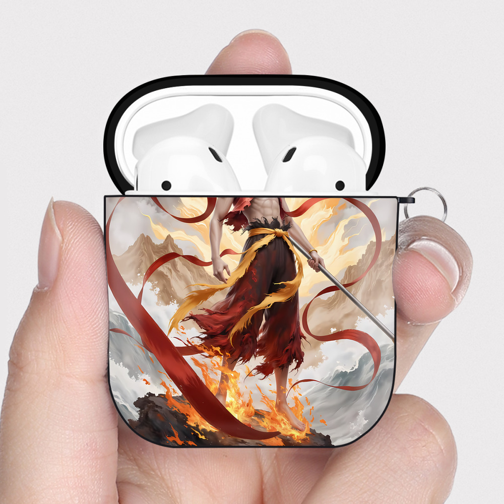 （画像用） Ne Zha 2 ナタ 魔童の大暴れ AirPods 第2世代保護ケース ハードシェル ブラック 耐衝撃・防指紋・カラビナ付き