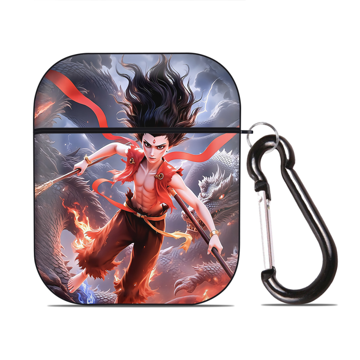 （画像用） Ne Zha 2 ナタ 魔童の大暴れ AirPods 第2世代保護ケース ハードシェル ブラック 耐衝撃・防指紋・カラビナ付き