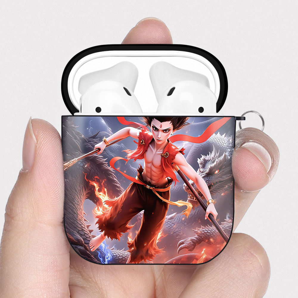 （画像用） Ne Zha 2 ナタ 魔童の大暴れ AirPods 第2世代保護ケース ハードシェル ブラック 耐衝撃・防指紋・カラビナ付き