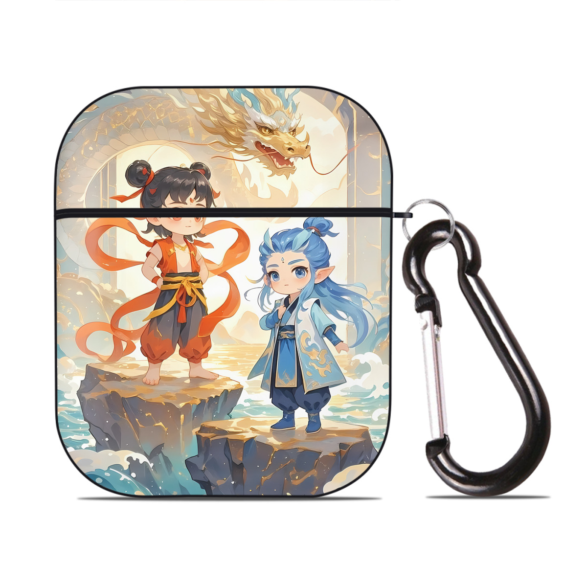 （画像用） Ne Zha 2 ナタ 魔童の大暴れ AirPods 第2世代保護ケース ハードシェル ブラック 耐衝撃・防指紋・カラビナ付き