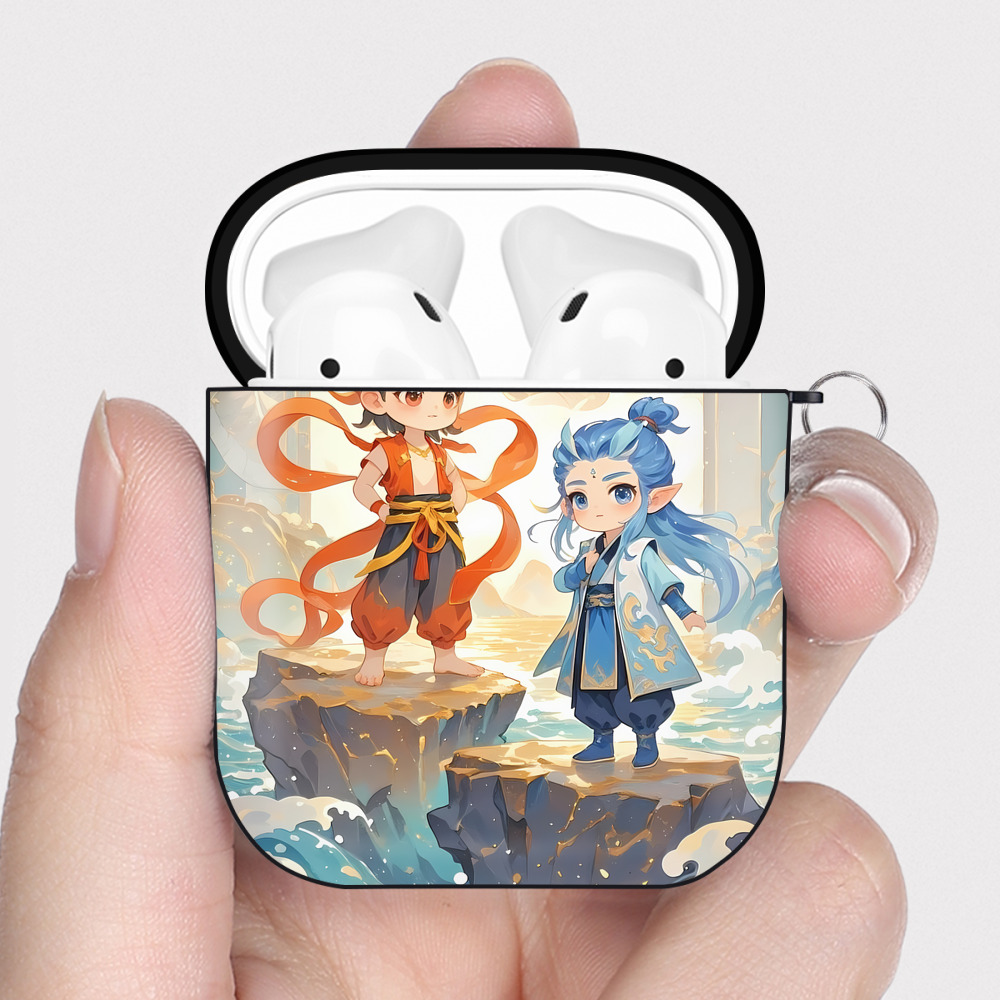 （画像用） Ne Zha 2 ナタ 魔童の大暴れ AirPods 第2世代保護ケース ハードシェル ブラック 耐衝撃・防指紋・カラビナ付き