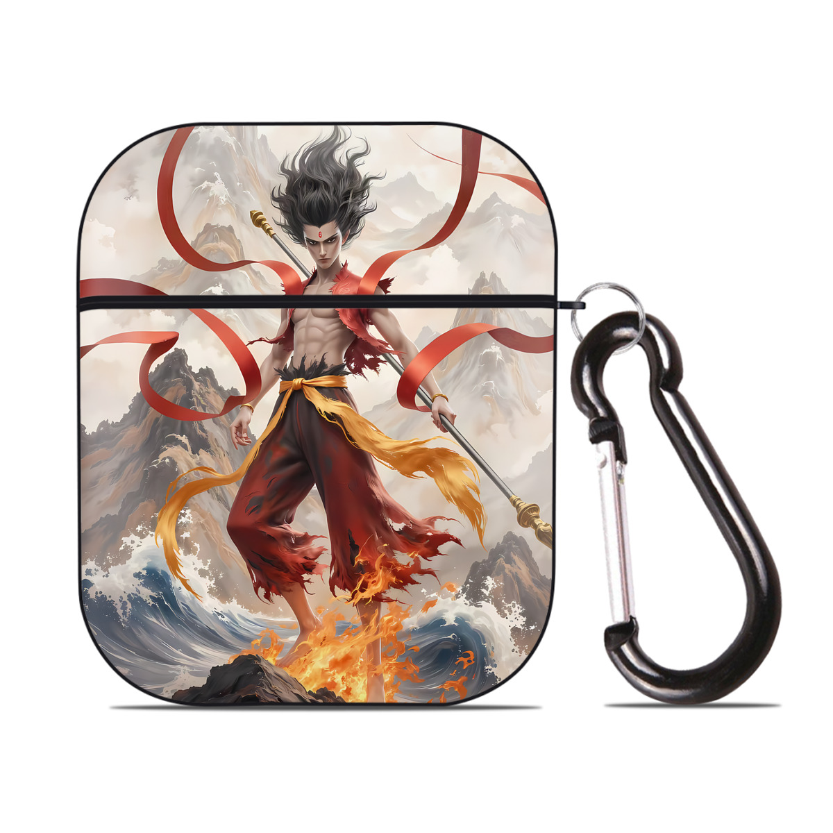 （画像用） Ne Zha 2 ナタ 魔童の大暴れ AirPods 第2世代保護ケース ハードシェル ブラック 耐衝撃・防指紋・カラビナ付き