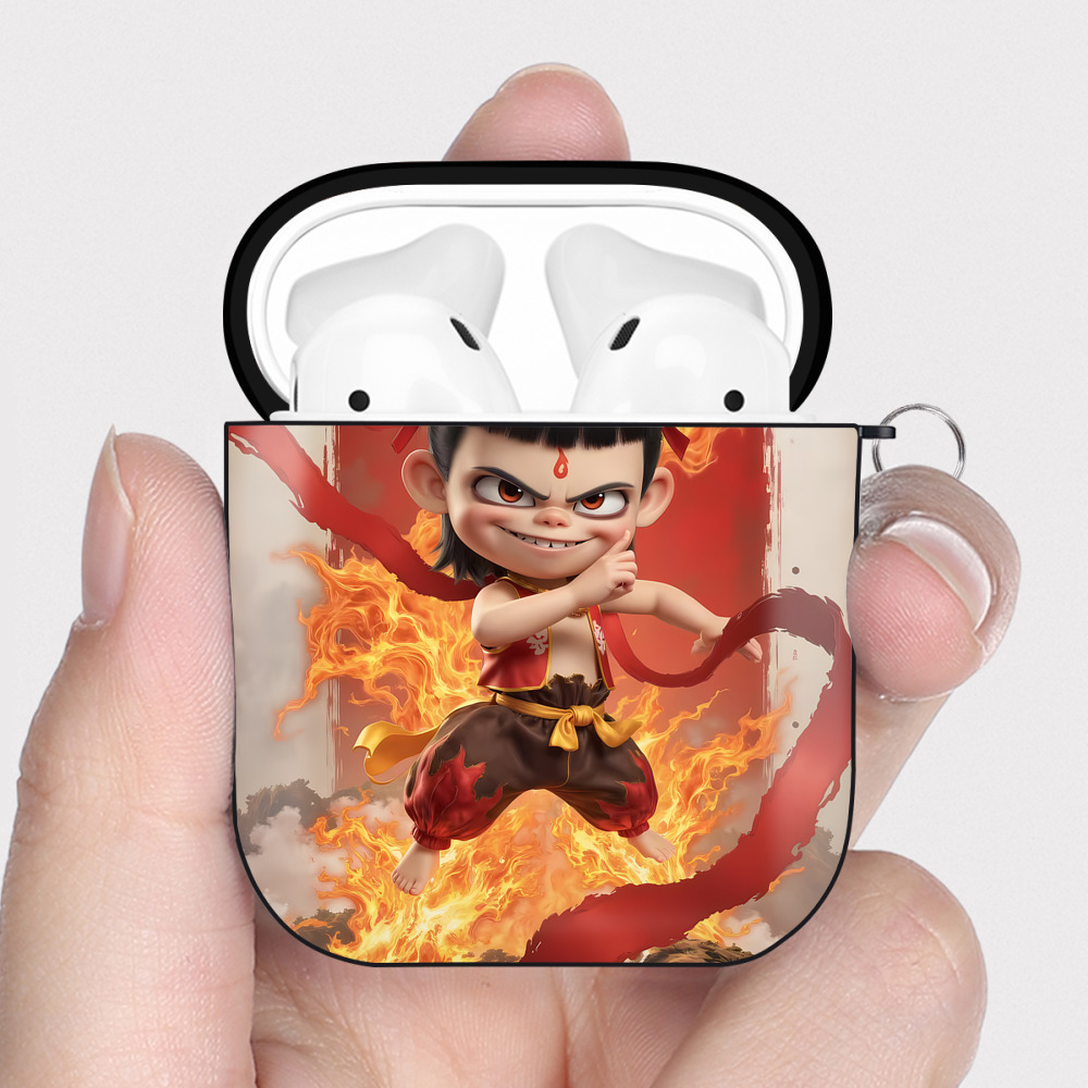 （画像用） Ne Zha 2 ナタ 魔童の大暴れ AirPods 第2世代保護ケース ハードシェル ブラック 耐衝撃・防指紋・カラビナ付き