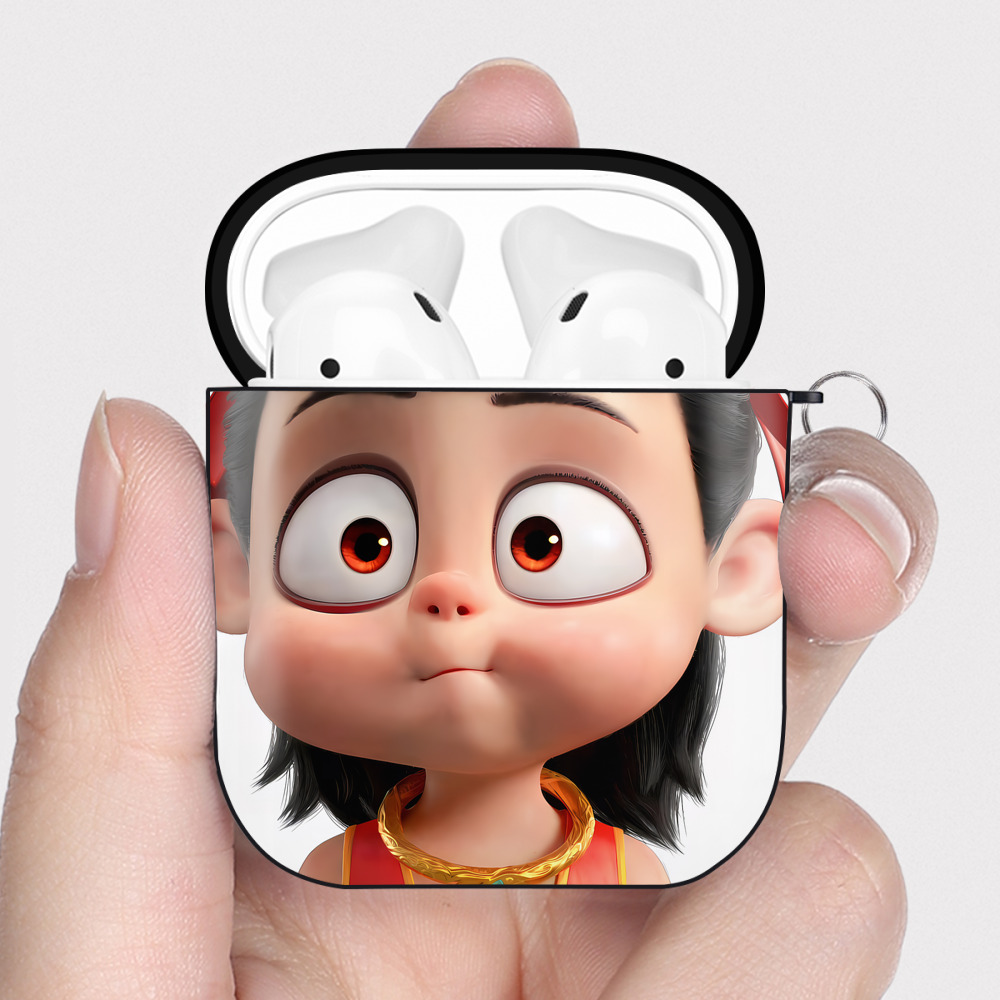 （画像用） Ne Zha 2 ナタ 魔童の大暴れ AirPods 第2世代保護ケース ハードシェル ブラック 耐衝撃・防指紋・カラビナ付き