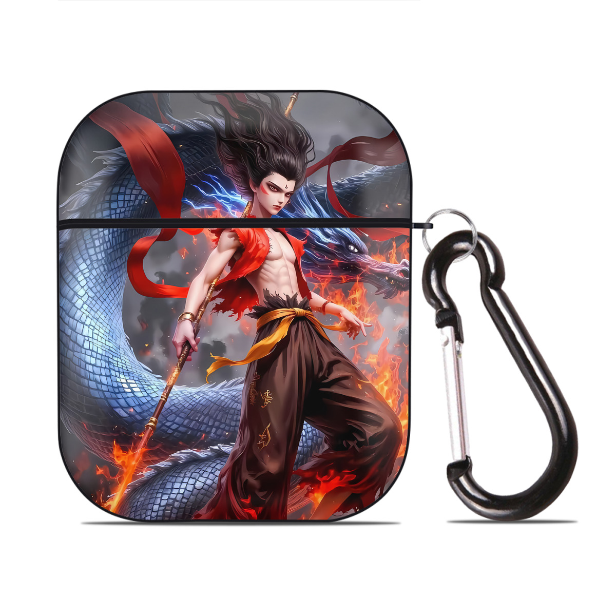 （画像用） Ne Zha 2 ナタ 魔童の大暴れ AirPods 第2世代保護ケース ハードシェル ブラック 耐衝撃・防指紋・カラビナ付き
