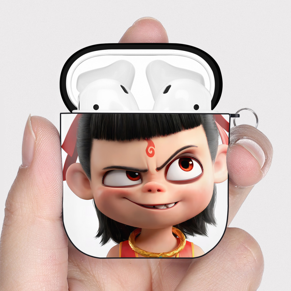 （画像用） Ne Zha 2 ナタ 魔童の大暴れ AirPods 第2世代保護ケース ハードシェル ブラック 耐衝撃・防指紋・カラビナ付き