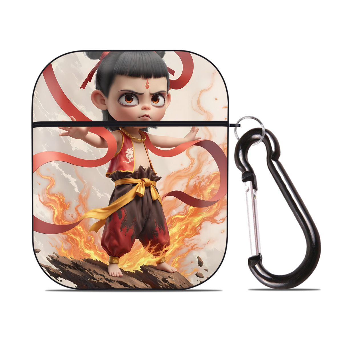 （画像用） Ne Zha 2 ナタ 魔童の大暴れ AirPods 第2世代保護ケース ハードシェル ブラック 耐衝撃・防指紋・カラビナ付き