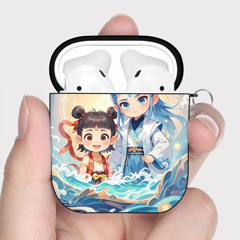 （画像用） Ne Zha 2 ナタ 魔童の大暴れ AirPods 第2世代保護ケース ハードシェル ブラック 耐衝撃・防指紋・カラビナ付き