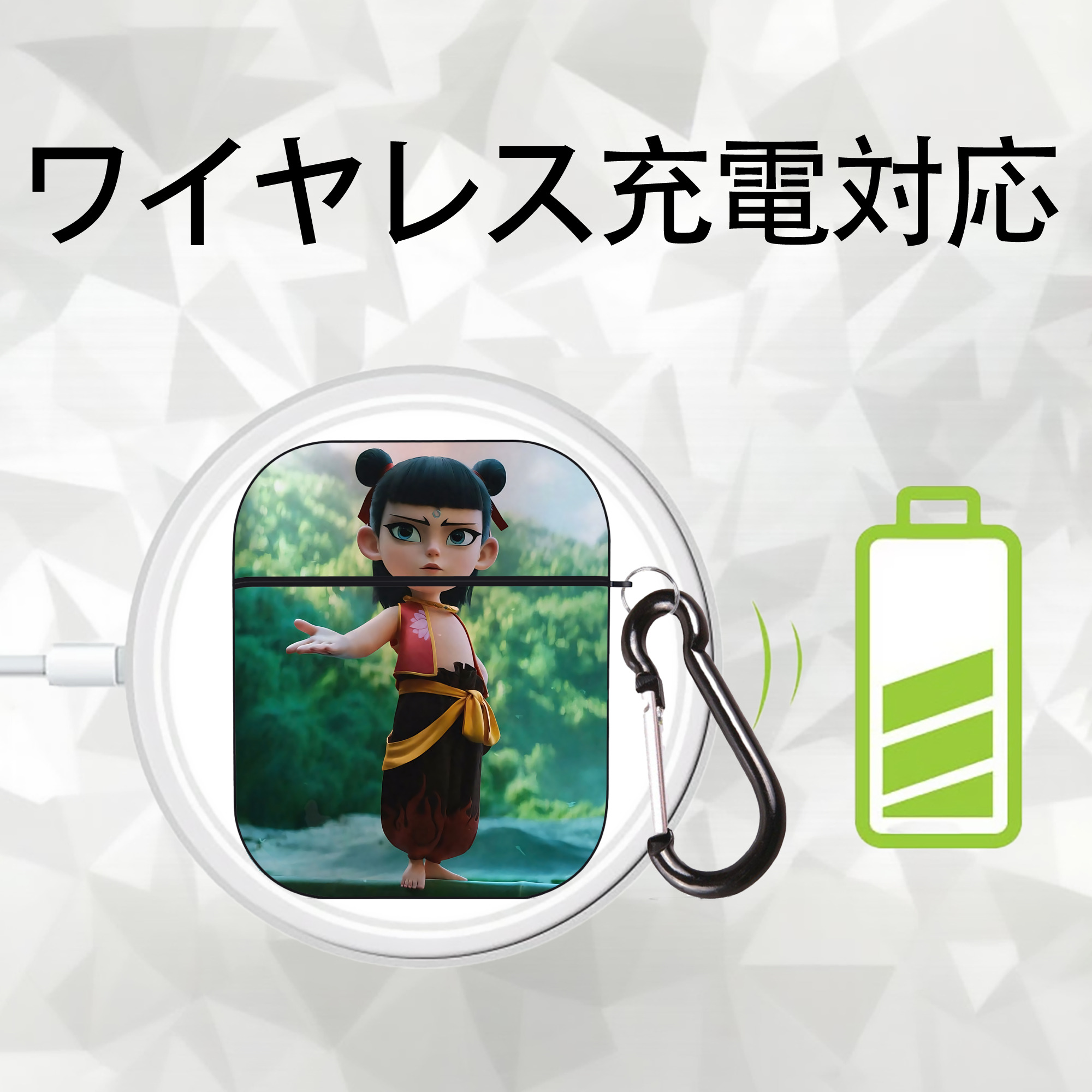 Ne Zha 2 ナタ 魔童の大暴れ AirPods 第2世代保護ケース ハードシェル ブラック 耐衝撃・防指紋・カラビナ付き