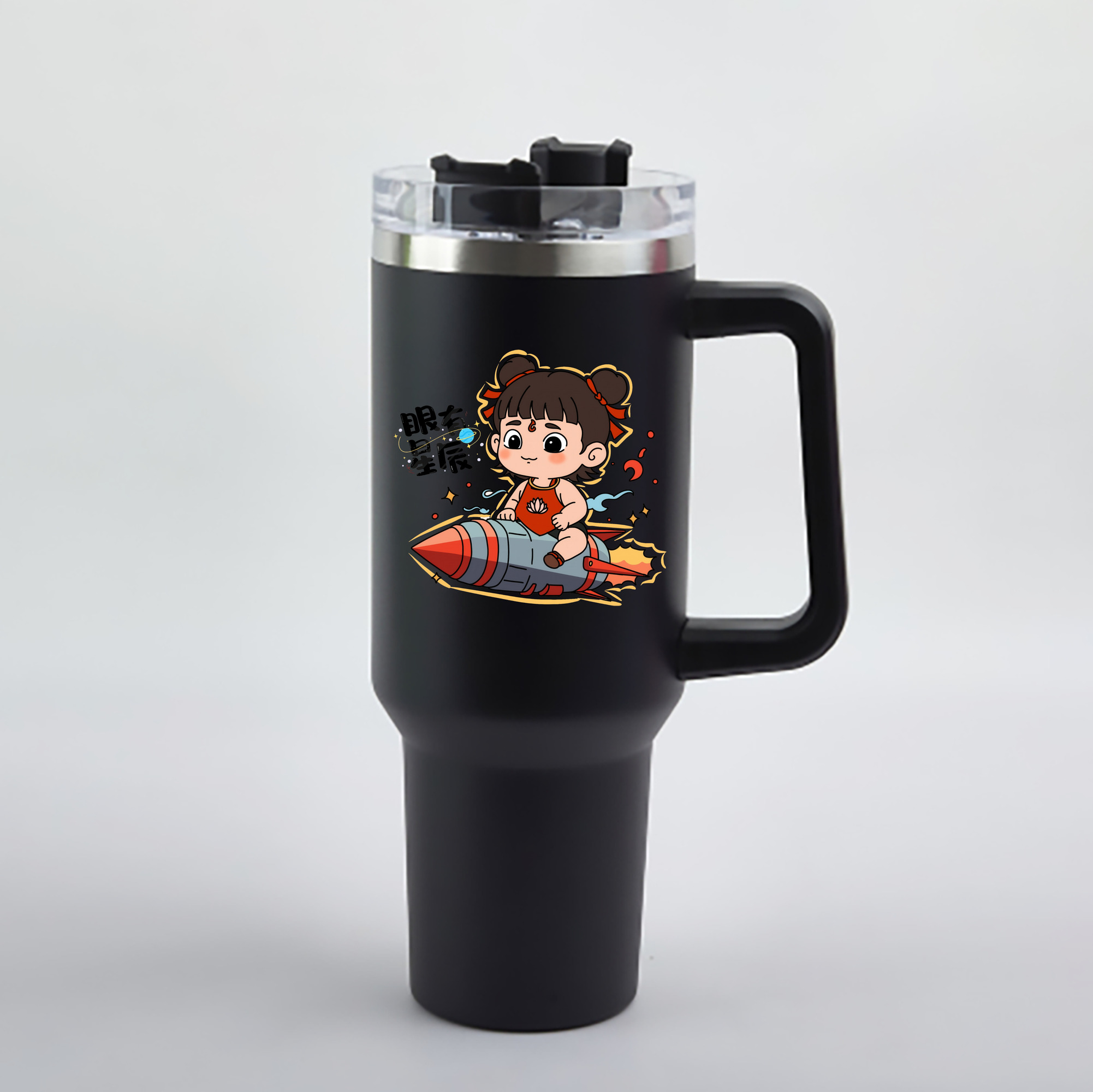 （画像用） Ne Zha 2 ナタ 魔童の大暴れ 1200mL車用タンブラー - クリスタルステッカー（プラスチックストロー付き）