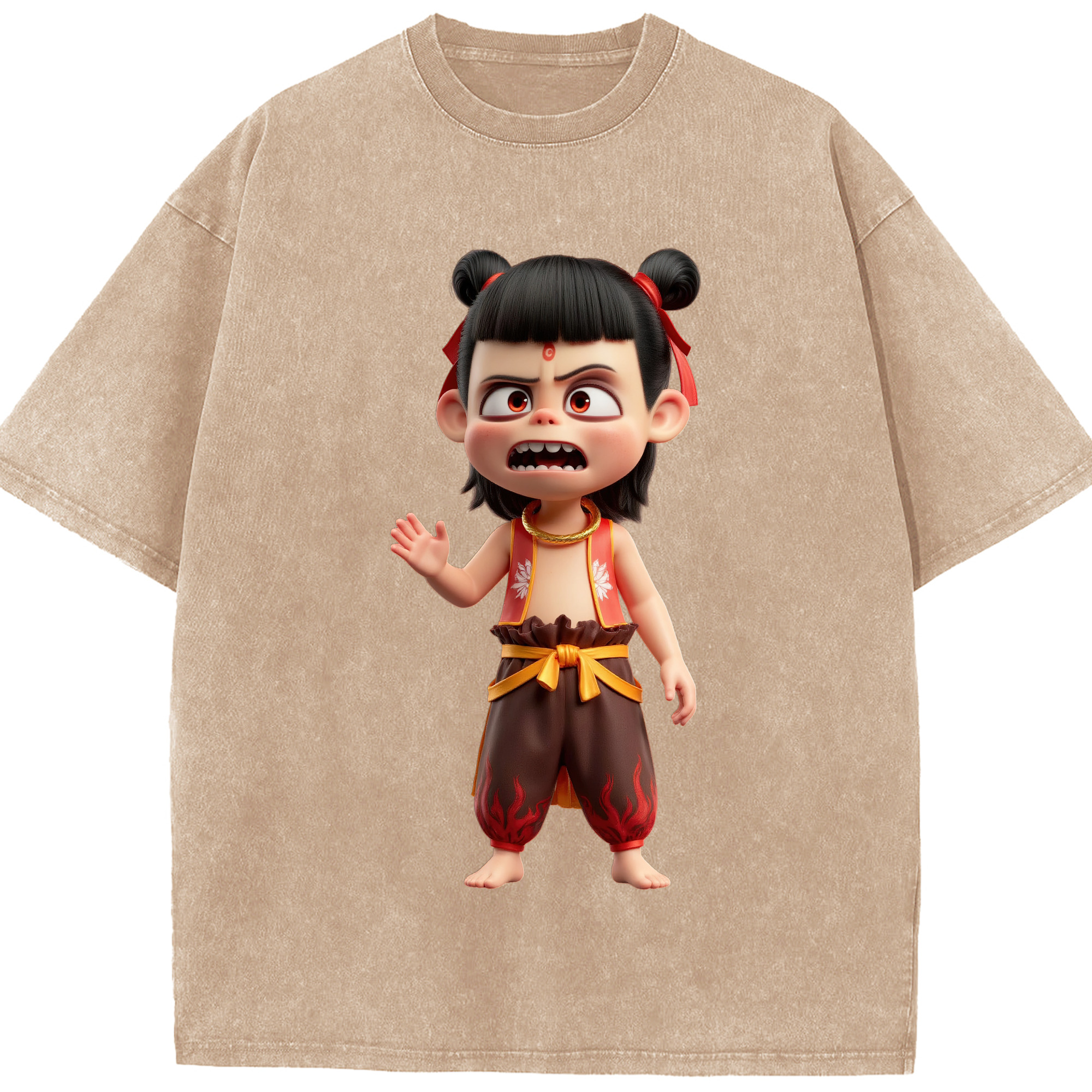 （画像用） Ne Zha 2 ナタ 魔童の大暴れ 綿100% ヴィンテージ風 半袖Tシャツ（フロントプリント）