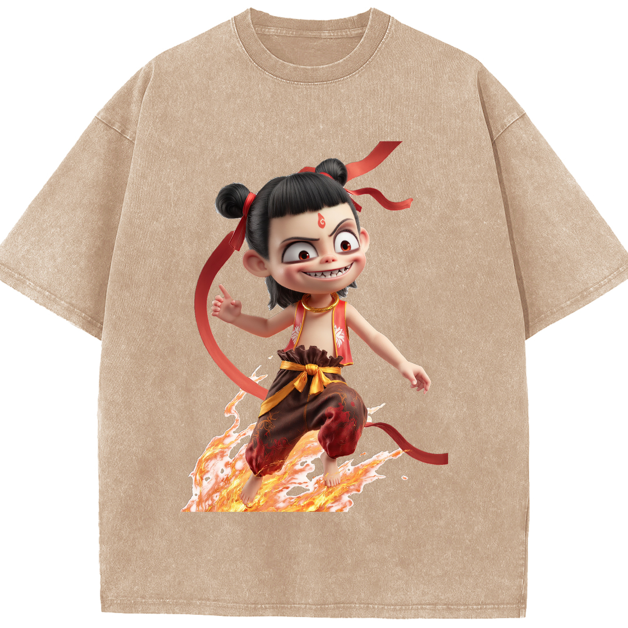 （画像用） Ne Zha 2 ナタ 魔童の大暴れ 綿100% ヴィンテージ風 半袖Tシャツ（フロントプリント）
