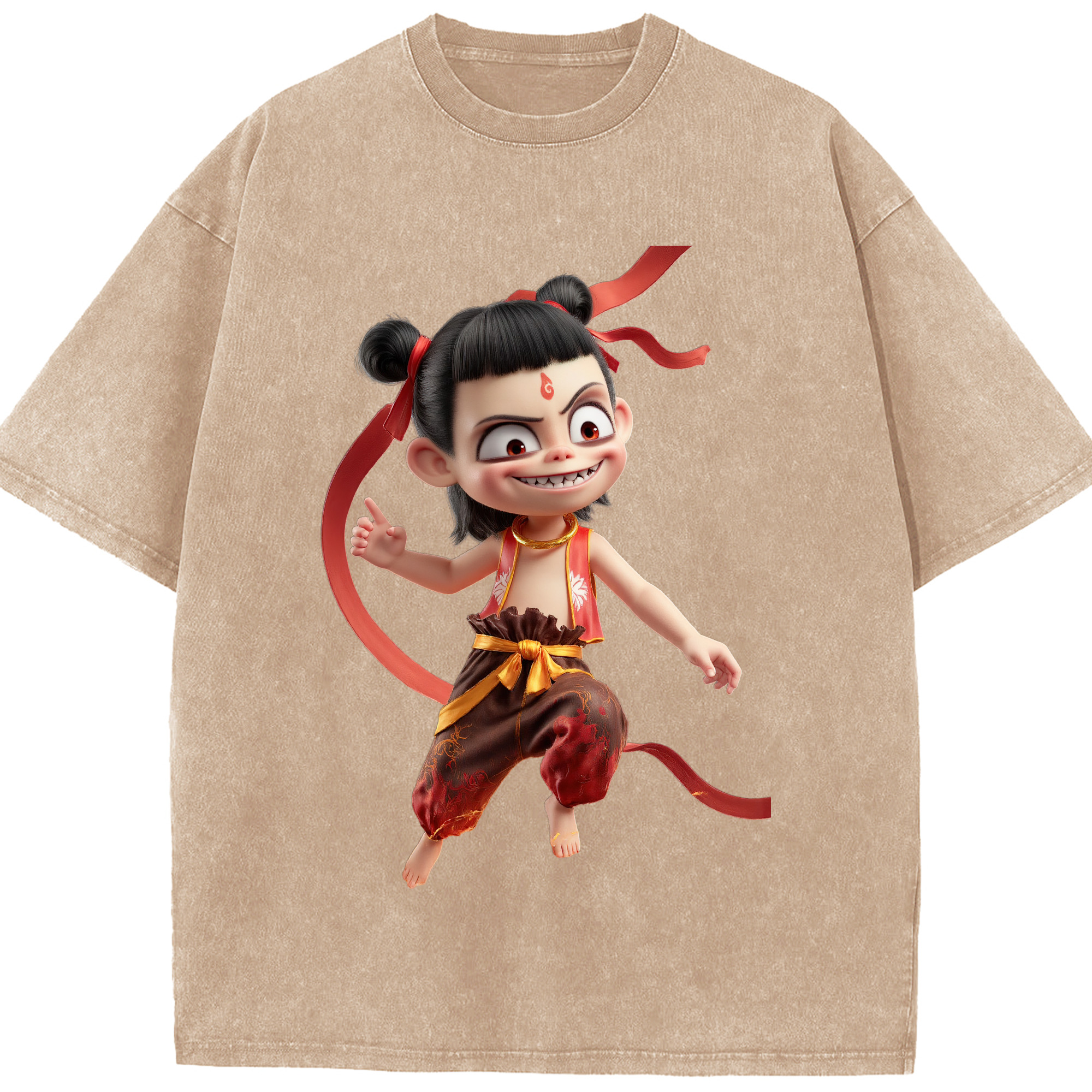 （画像用） Ne Zha 2 ナタ 魔童の大暴れ 綿100% ヴィンテージ風 半袖Tシャツ（フロントプリント）