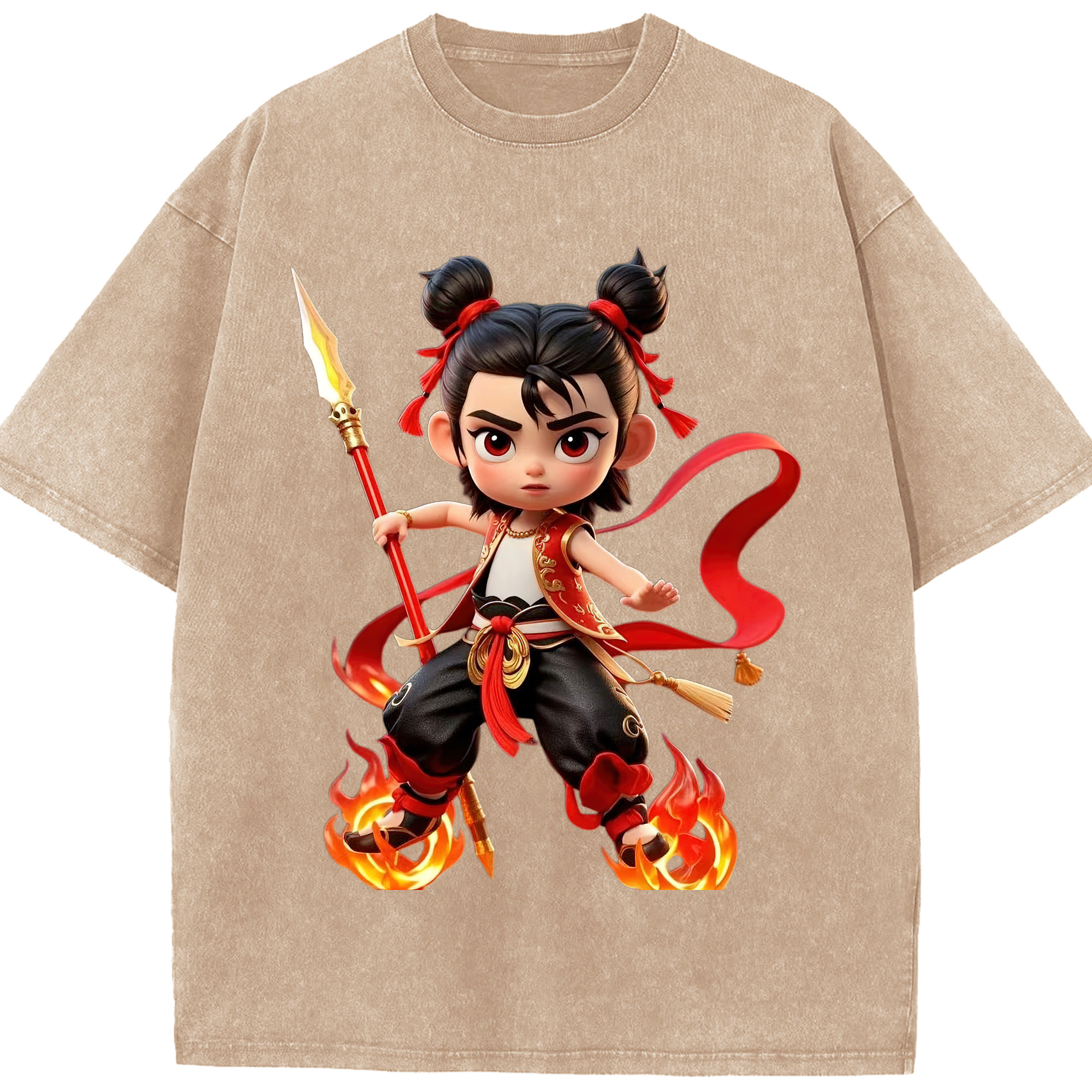 （画像用） Ne Zha 2 ナタ 魔童の大暴れ 綿100% ヴィンテージ風 半袖Tシャツ（フロントプリント）