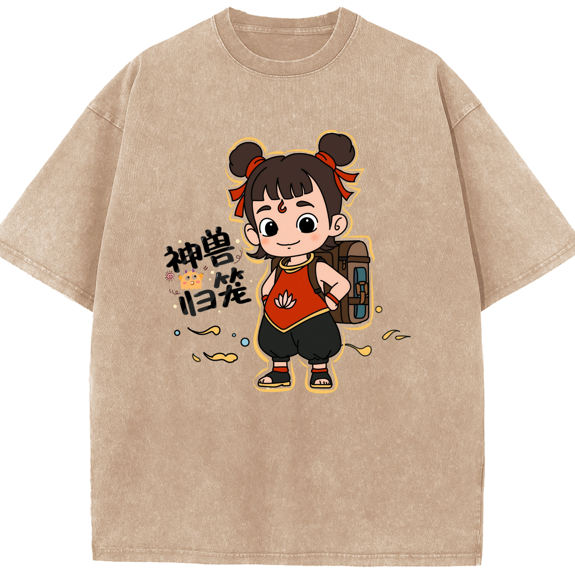 （画像用） Ne Zha 2 ナタ 魔童の大暴れ 綿100% ヴィンテージ風 半袖Tシャツ（フロントプリント）